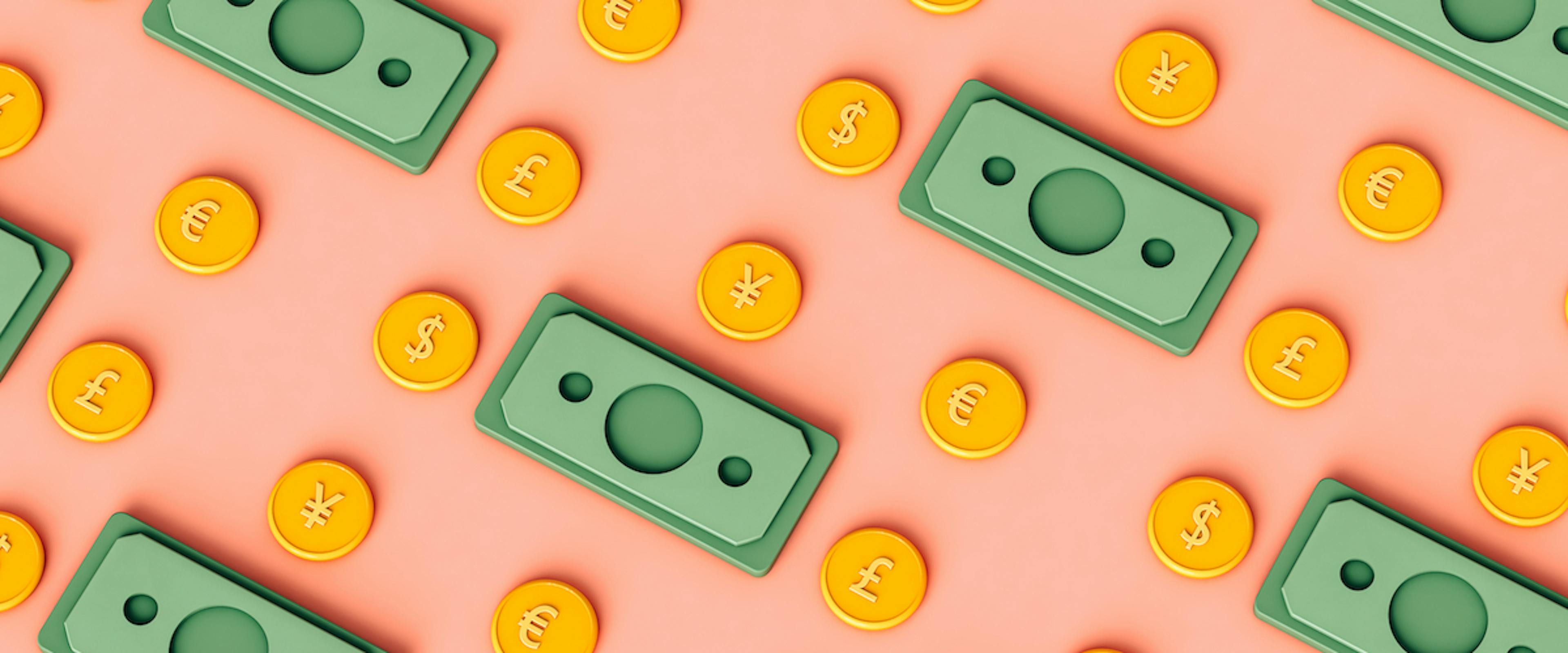 Yellow 3D coins and green bills in symmetric diagonal rows on pink background