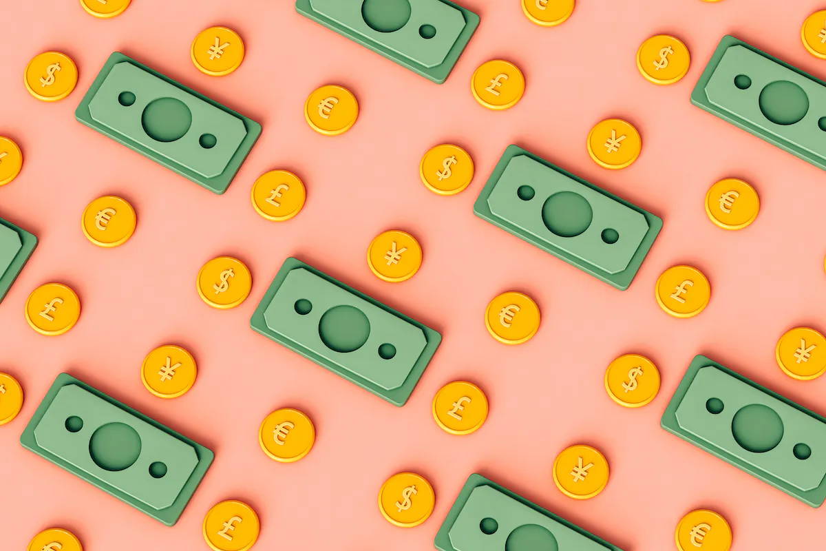 Yellow 3D coins and green bills in symmetric diagonal rows on pink background