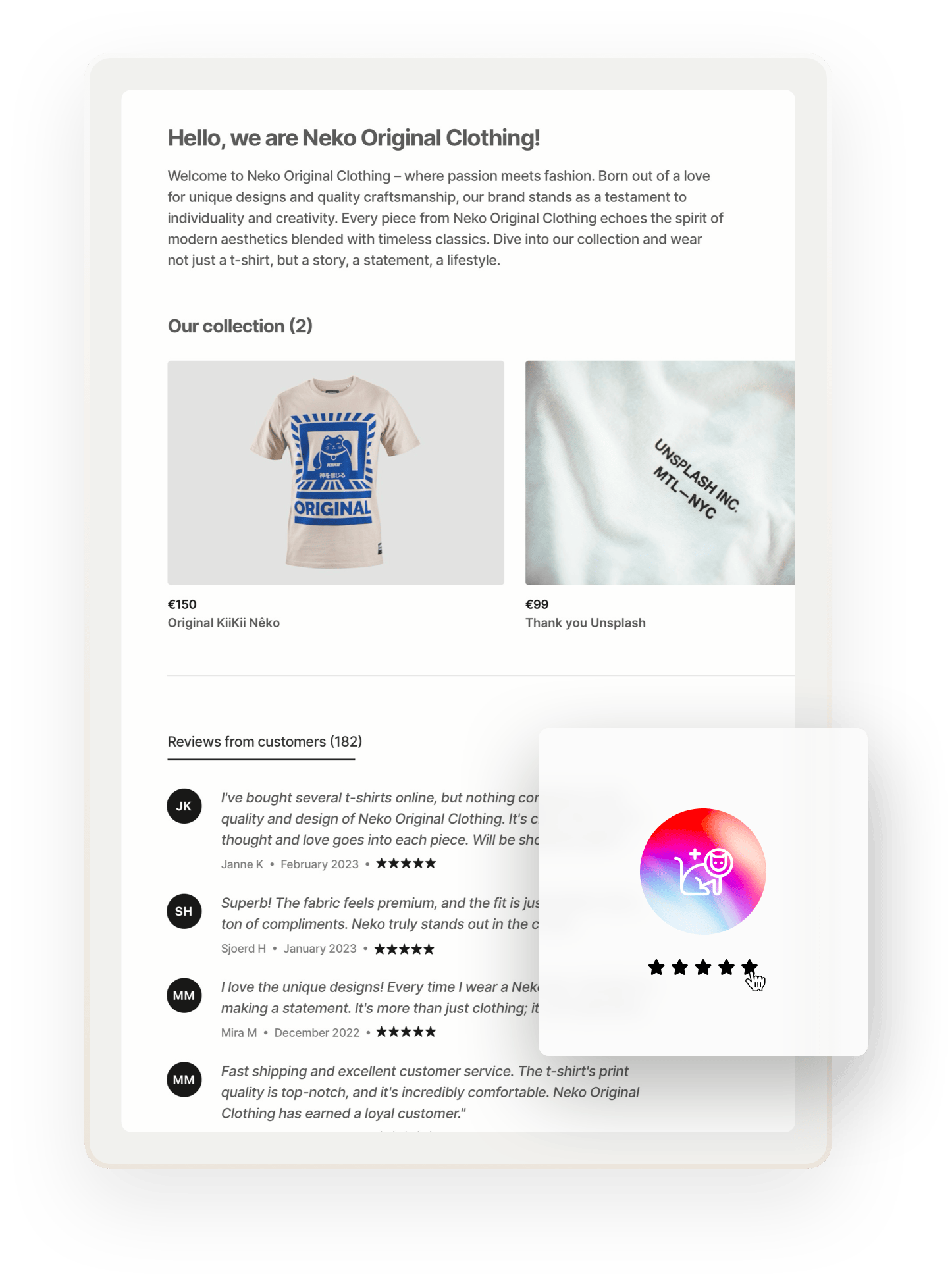 A sample profile page for a t-shirt seller called Neko Original Clothing. The page includes t-shirt listings as well as glowing reviews from customers.
