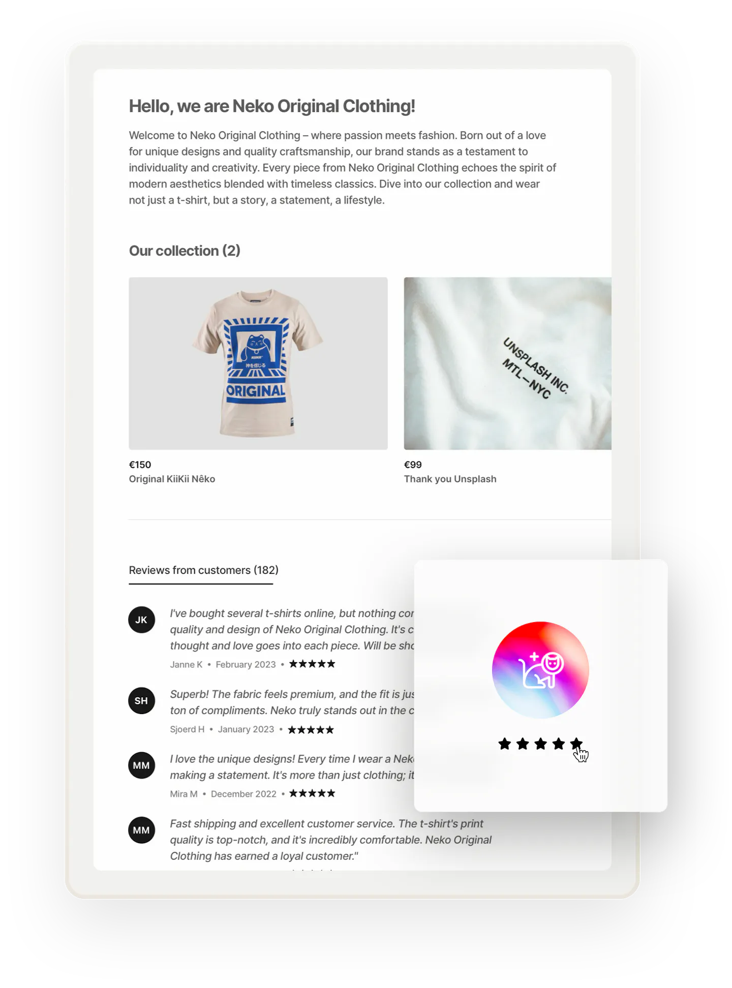 A sample profile page for a t-shirt seller called Neko Original Clothing. The page includes t-shirt listings as well as glowing reviews from customers.
