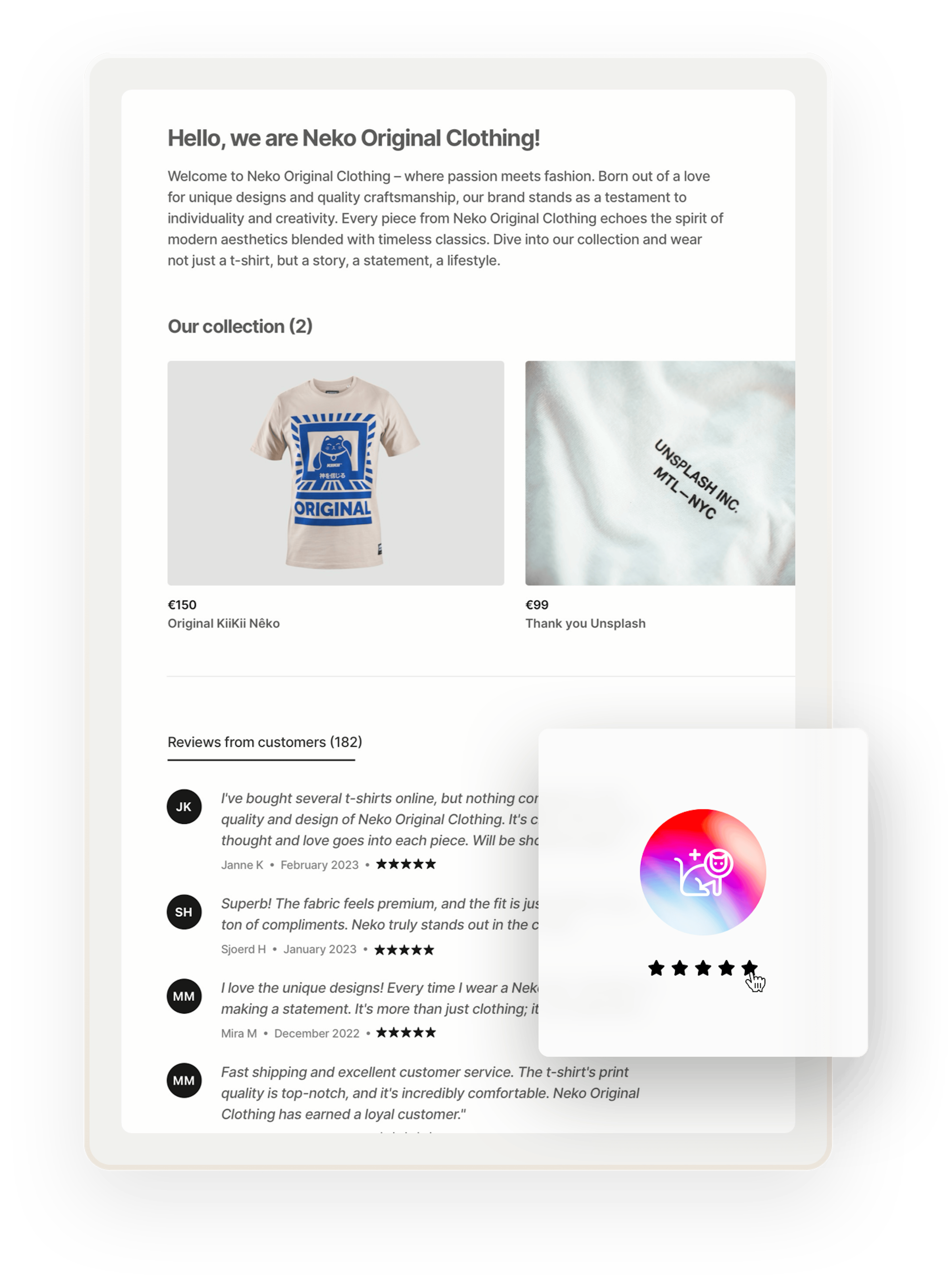A sample profile page for a t-shirt seller called Neko Original Clothing. The page includes t-shirt listings as well as glowing reviews from customers.