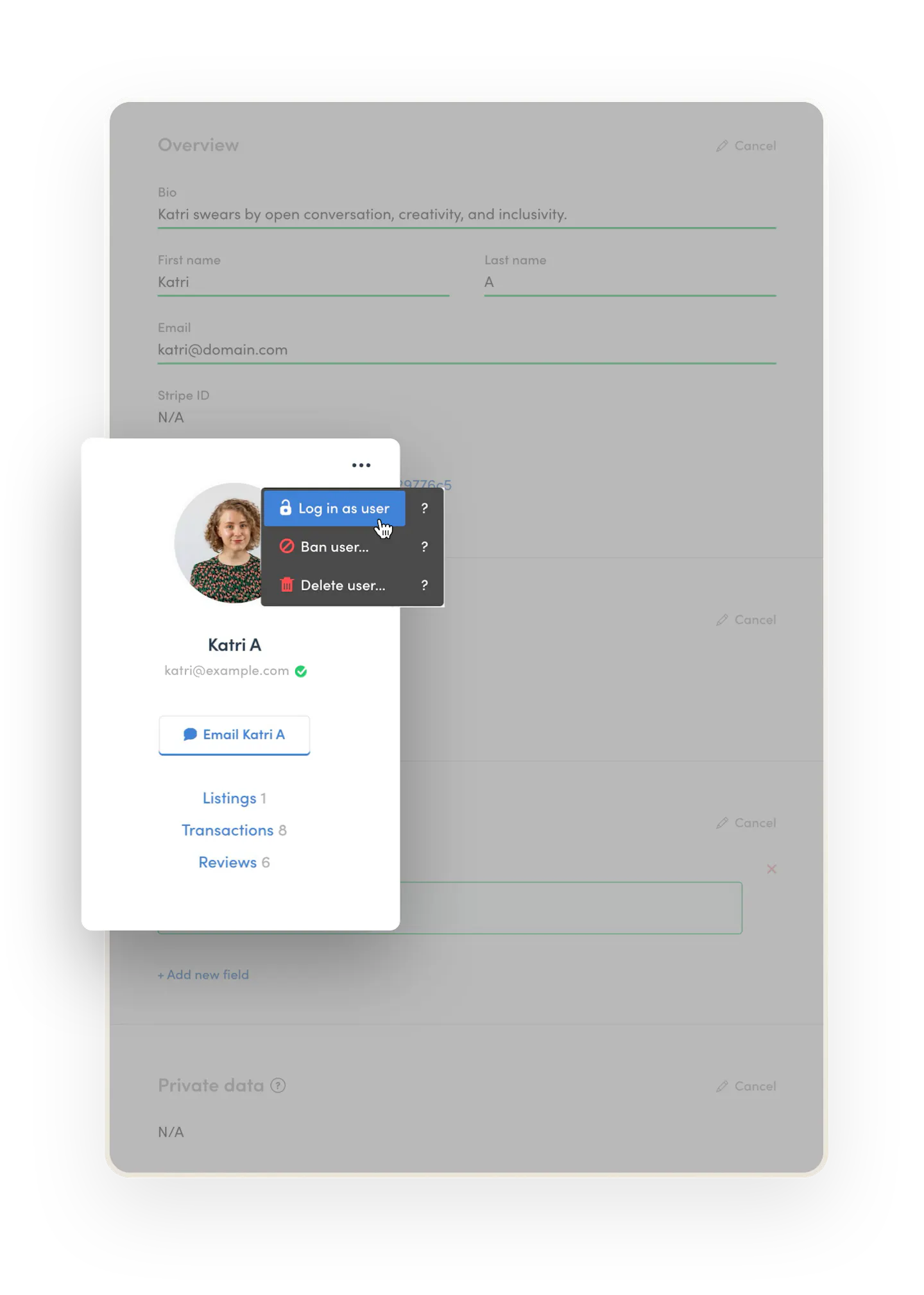 The marketplace operator is about to click "Log in as user" on Katri's profile in Console.