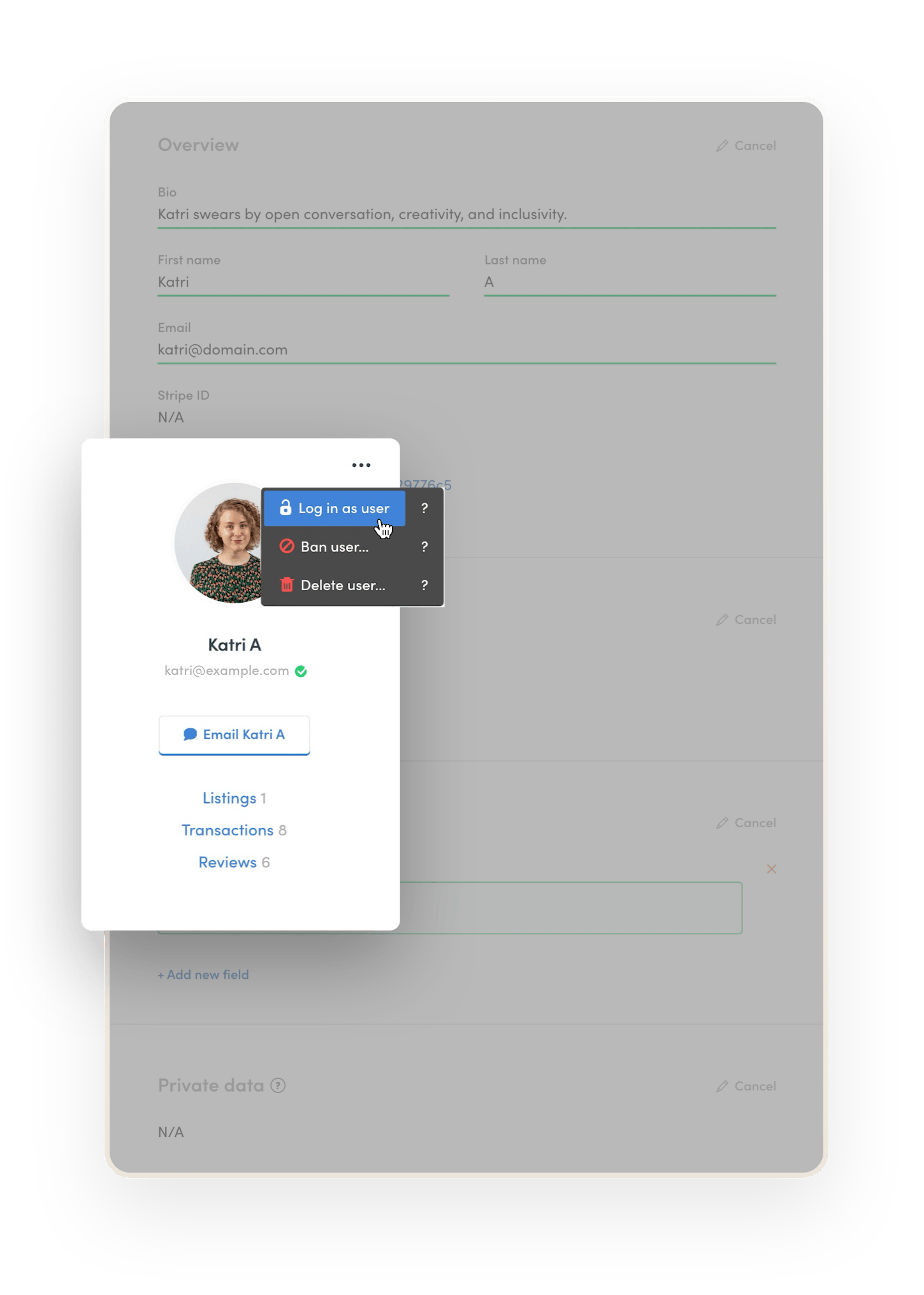 The marketplace operator is about to click "Log in as user" on Katri's profile in Console.