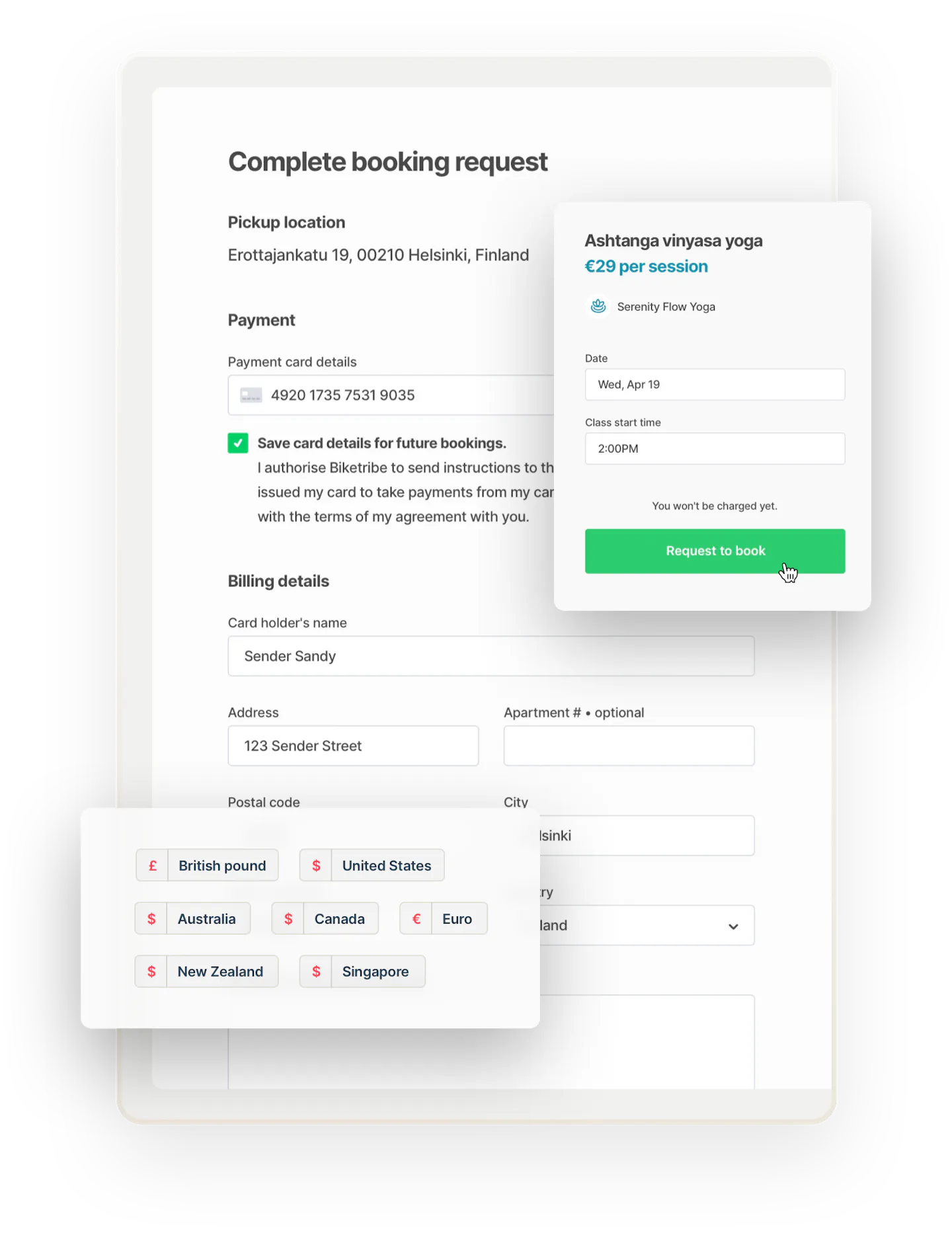 The checkout page for yoga class booking with payment card and billing details. The booking is for a class called Ashtanga vinyasa yoga. Overlaid is a box that shows many accepted currencies, from pounds to dollars to euros.