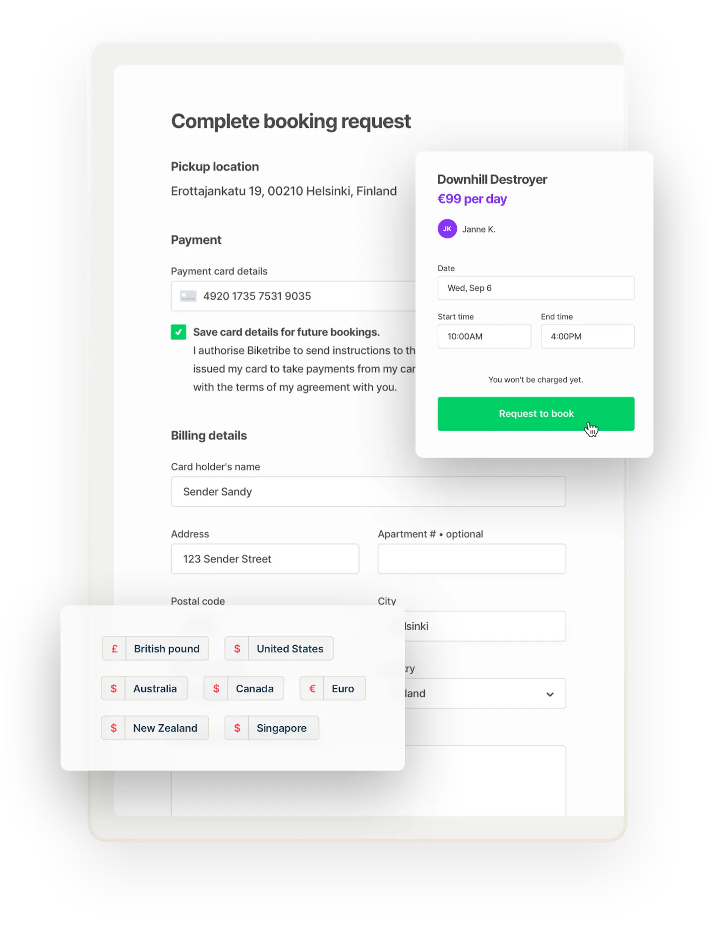 The checkout page for bike rental booking with payment card and billing details. The booking is for a bike called Downhill Destroyer. Overlaid is a bix that shows many accepted currencies, from pounds to dollars to euros.