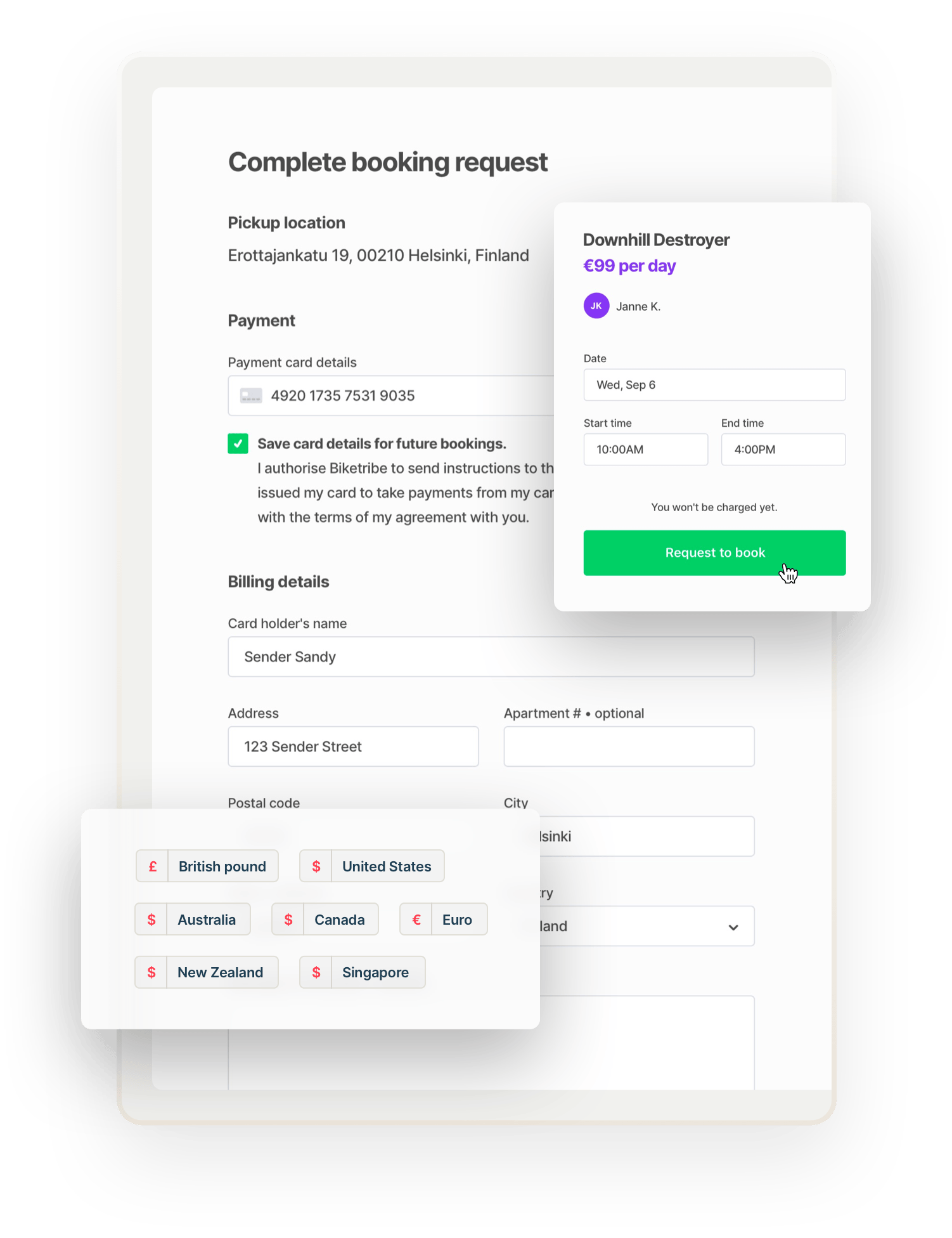 The checkout page for bike marketplace booking with payment card and billing details. The booking is for a bike called Downhill Destroyer. Overlaid is a bix that shows many accepted currencies, from pounds to dollars to euros.