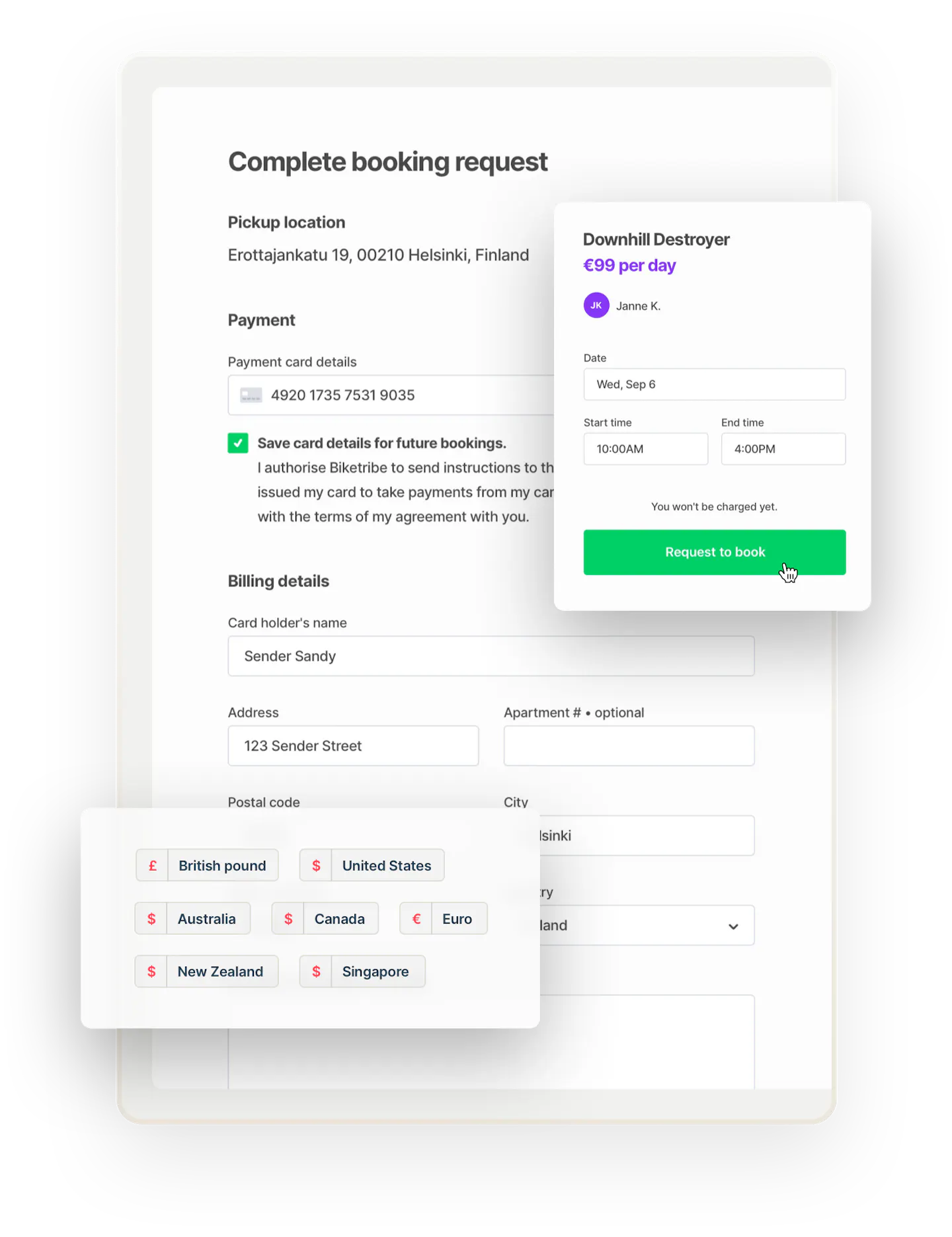 The checkout page for bike rental booking with payment card and billing details. The booking is for a bike called Downhill Destroyer. Overlaid is a bix that shows many accepted currencies, from pounds to dollars to euros.