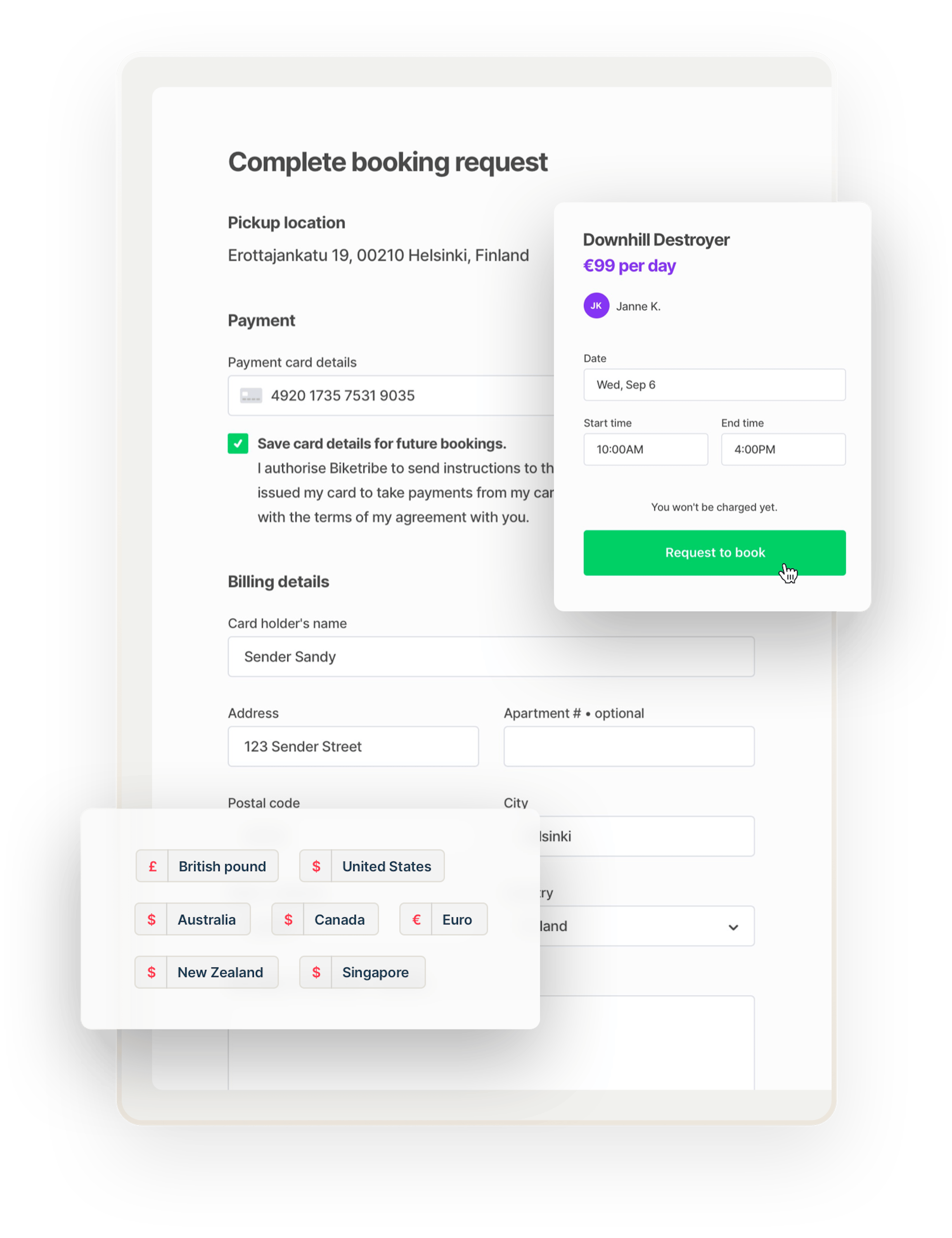 The checkout page for bike marketplace booking with payment card and billing details. The booking is for a bike called Downhill Destroyer. Overlaid is a bix that shows many accepted currencies, from pounds to dollars to euros.