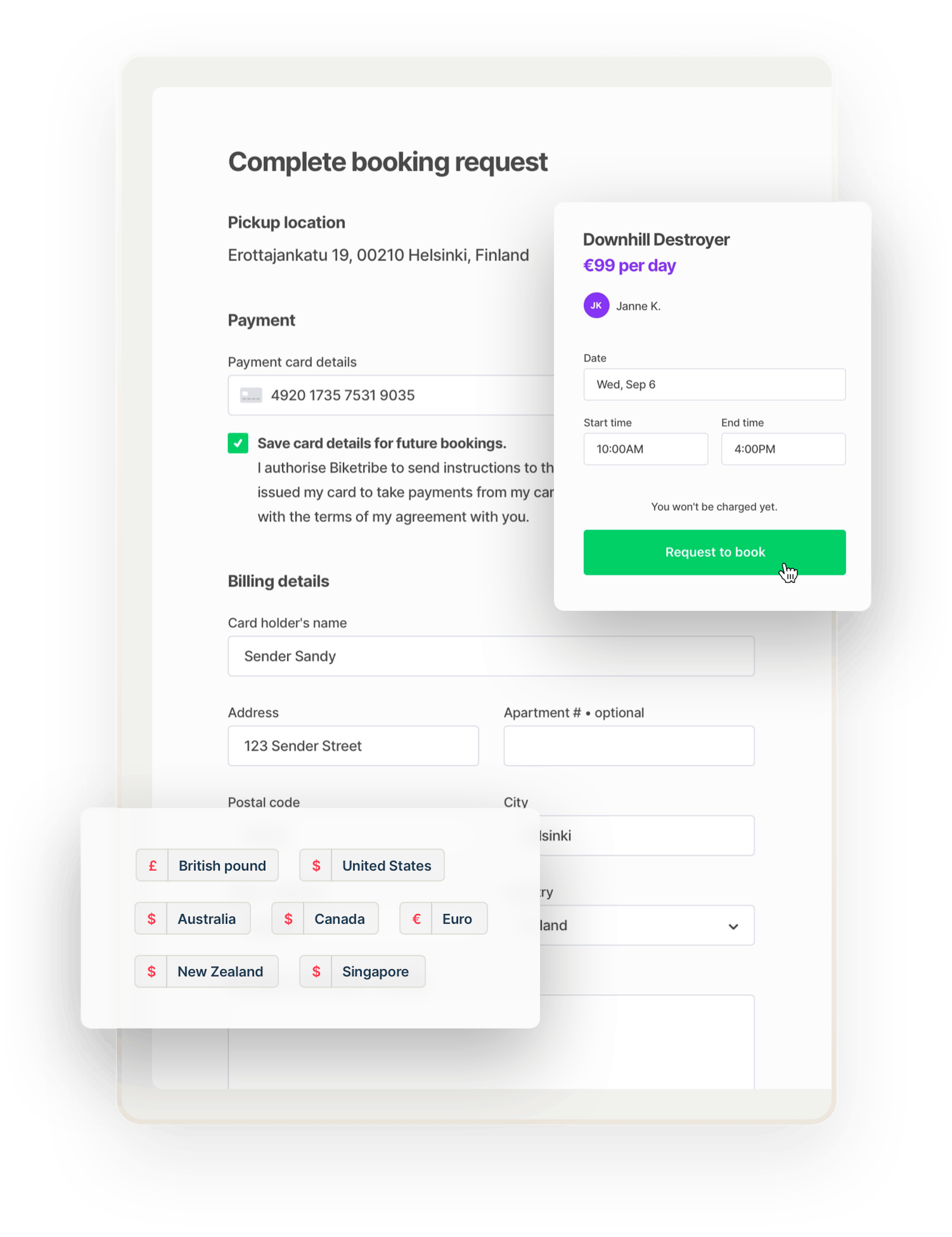 The checkout page for bike rental booking with payment card and billing details. The booking is for a bike called Downhill Destroyer. Overlaid is a bix that shows many accepted currencies, from pounds to dollars to euros.