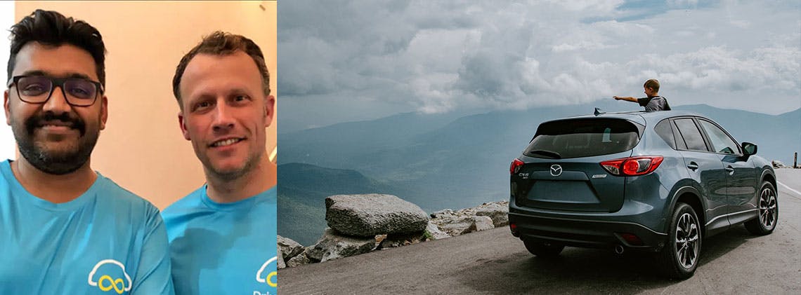 Two images: Drive lah founders; a green SUV parked on a cliff and a child emerging through the sunroof pointing to the horizon.