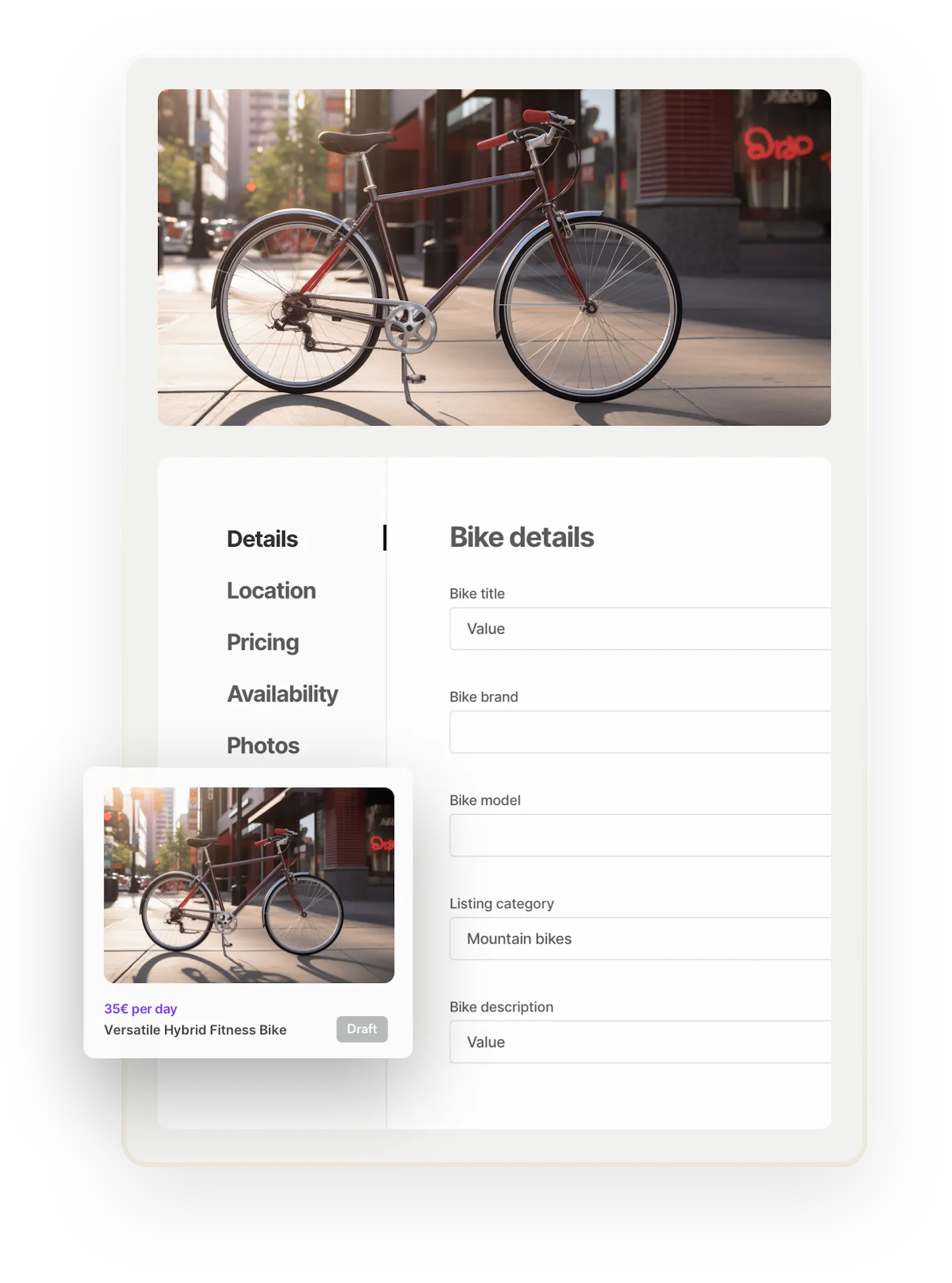 A listing creation page. On the top, there's an image of a city bike, basking in evening sunlight. Below, the listing creation page is opened on the Details tab. The page asks for a bike title, brand, model, and so on. Further tabs include location, pricing, and availability. Overlaid on top is a search thumbnail for the completed listing.