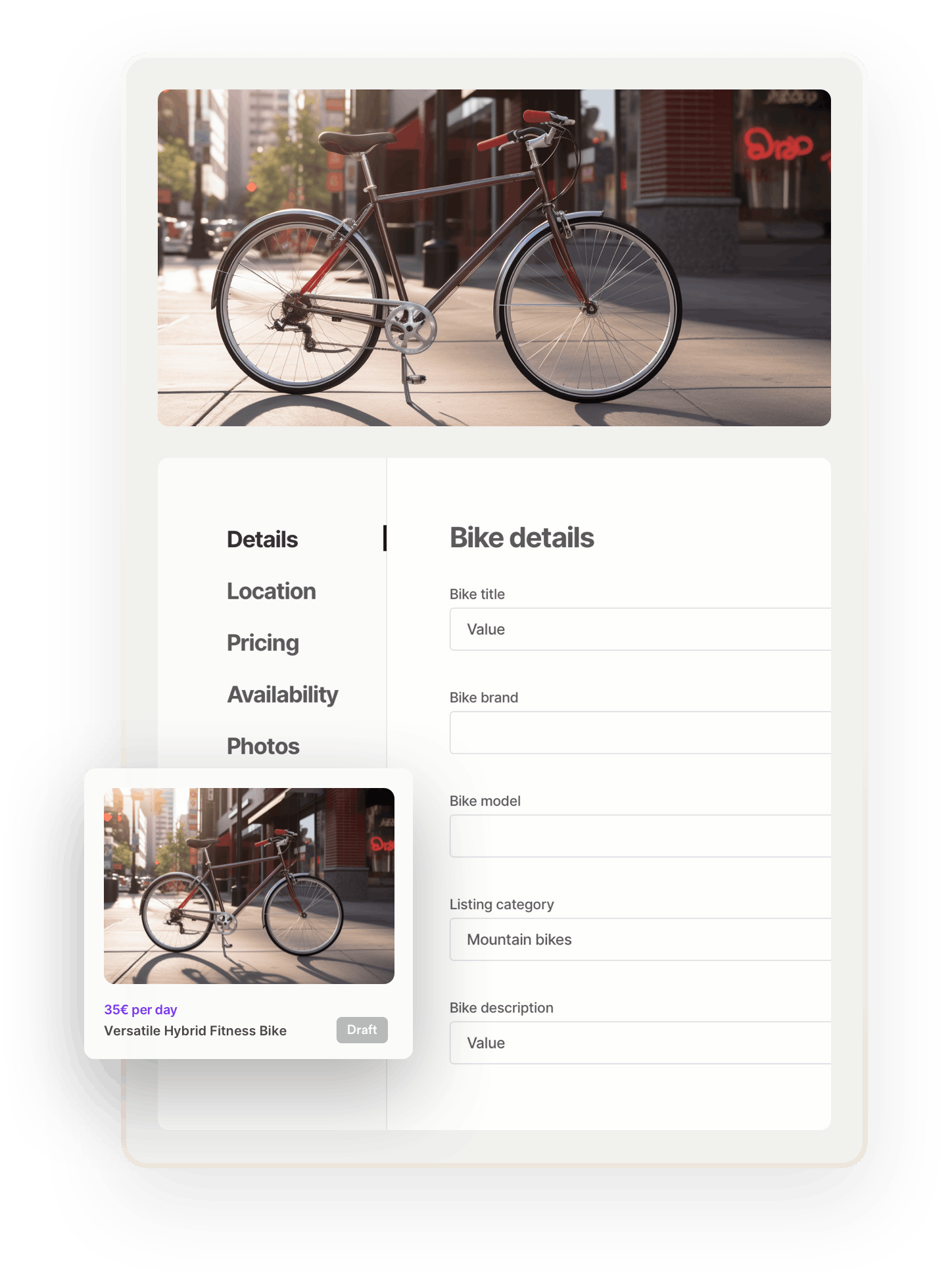 On the top, there's an image of a city bike, basking in evening sunlight. Below, the listing creation page is opened on the Details tab. The page asks for a bike title, brand, model, and so on. Further tabs include location, pricing, and availability. Overlaid on top is a search thumbnail for the completed listing.