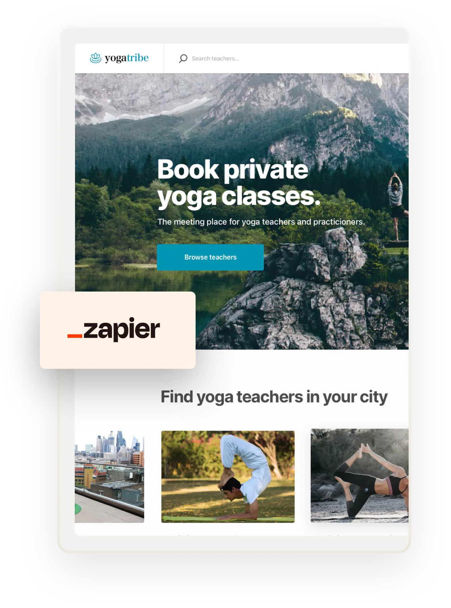 The Yogatribe service marketplace home page. Overlaid is a box with the Zapier logo.
