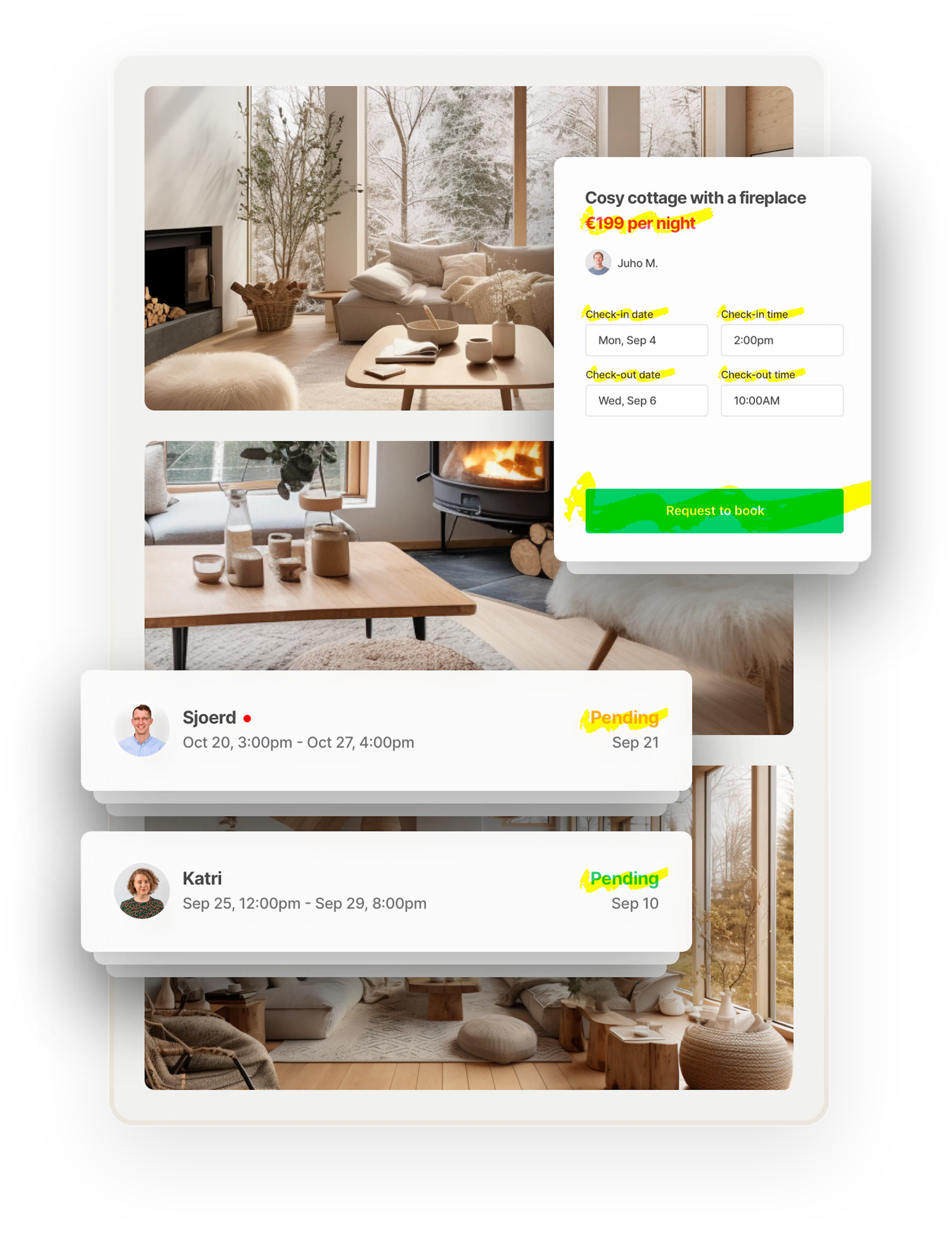 For rent at 199 dollars per night: a calm, modern cottage. Two inbox banners overlaid in boxes on top show messages from prospective guests. A button, the price, and the booking status are highlighted. You can change these texts.