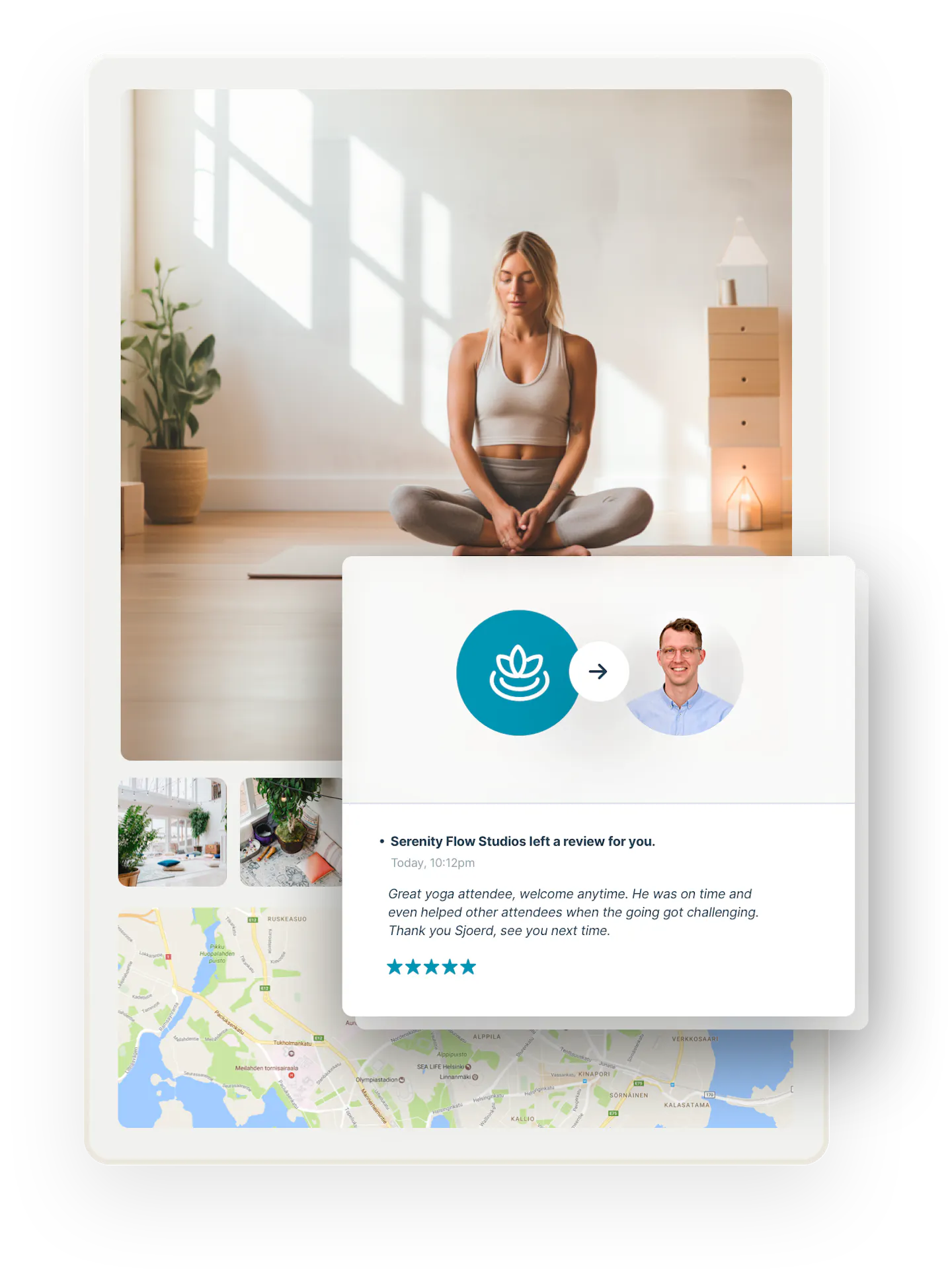 A page showing elements of a listing page: an image of a restful person doing yoga and map where the class happens. Overlaid is a box of a glowing review from a yoga teacher to a student.