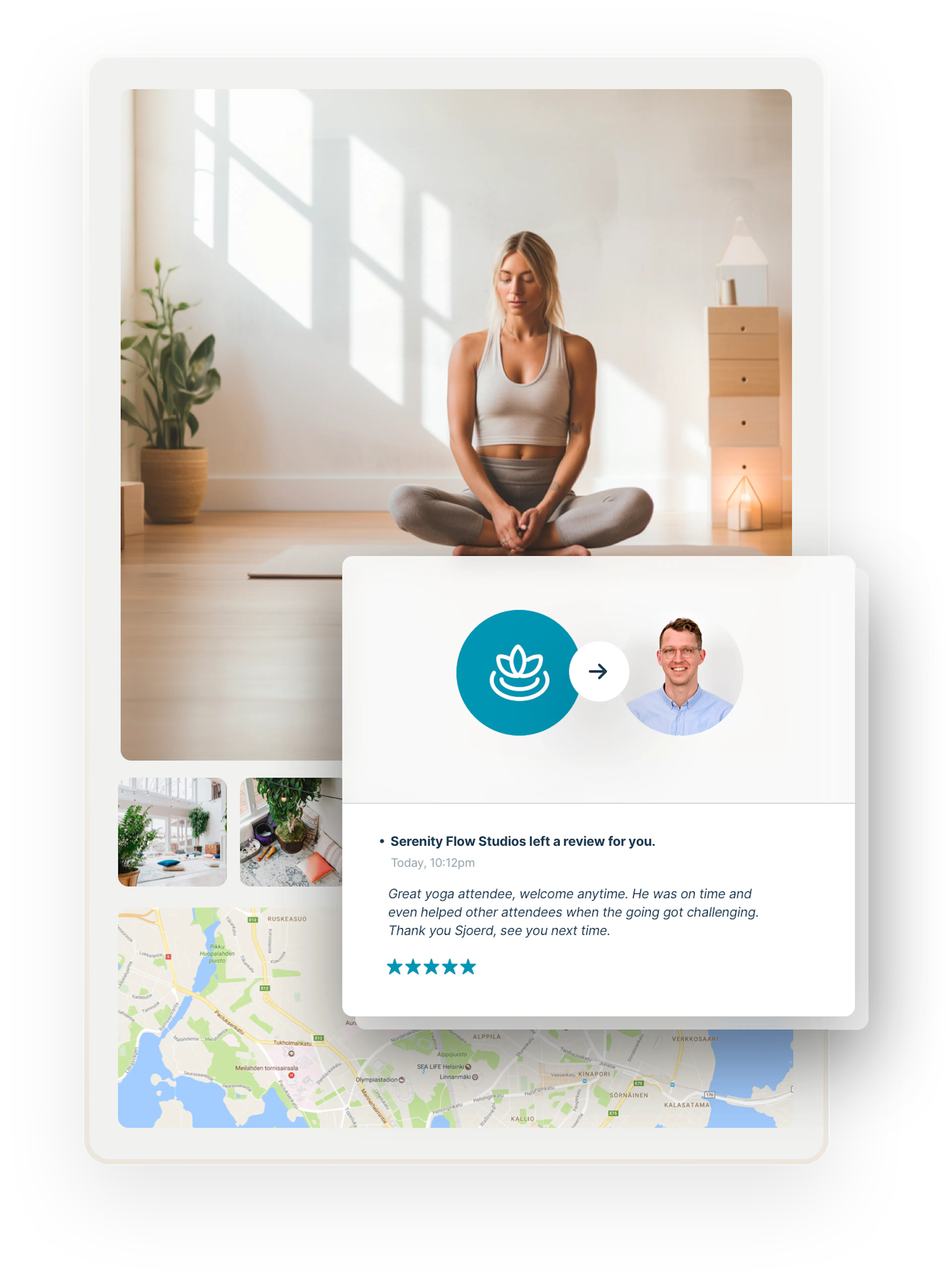 A page showing elements of a listing page: an image of a restful person doing yoga and map where the class happens. Overlaid is a box of a glowing review from a yoga teacher to a student.
