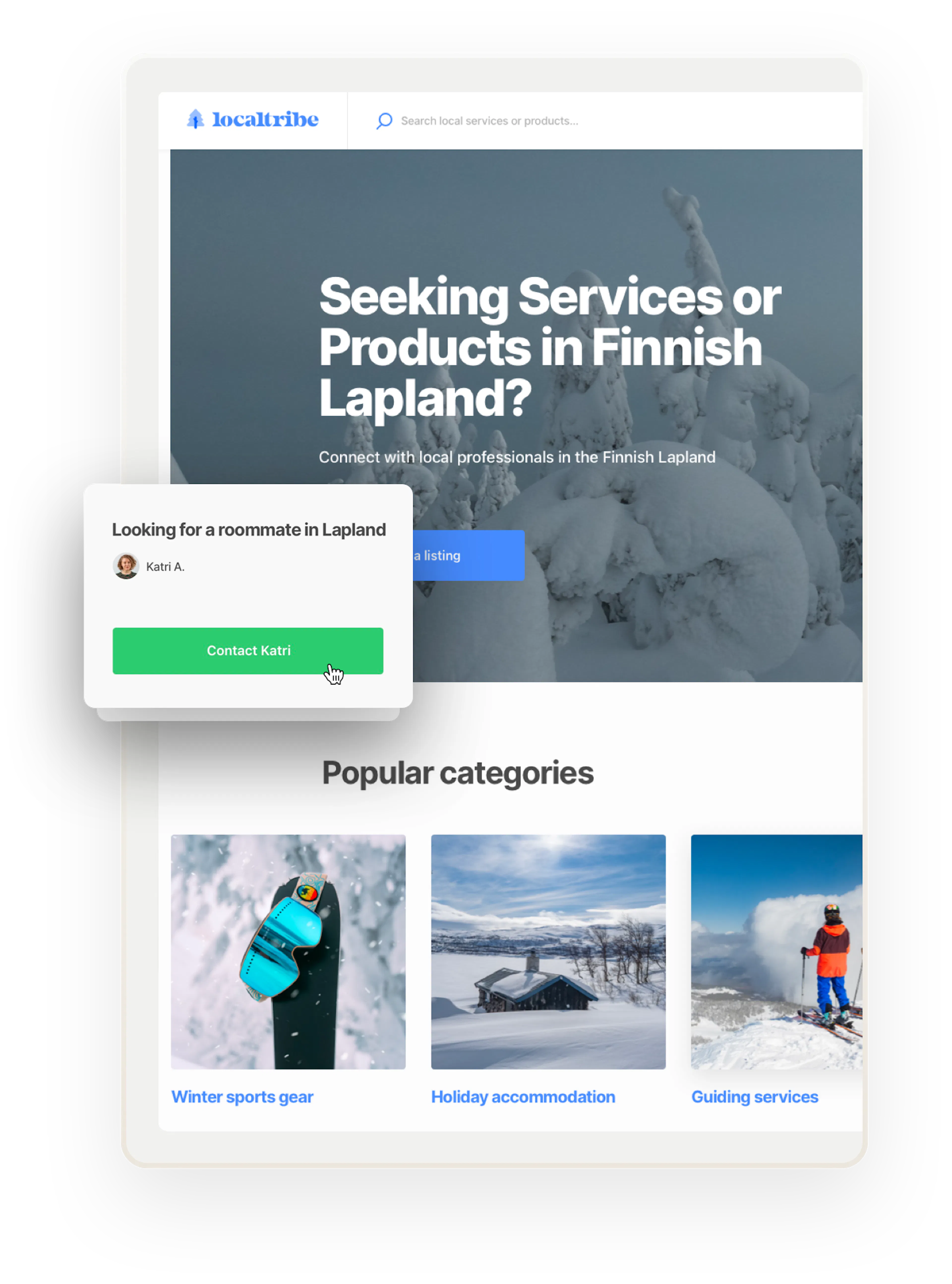 A snapshot of a landing page for Localtribe, a sample marketplace in Finnish Lapland. Overlaid is a classified ad. Someone is looking for a roommate in Lapland.