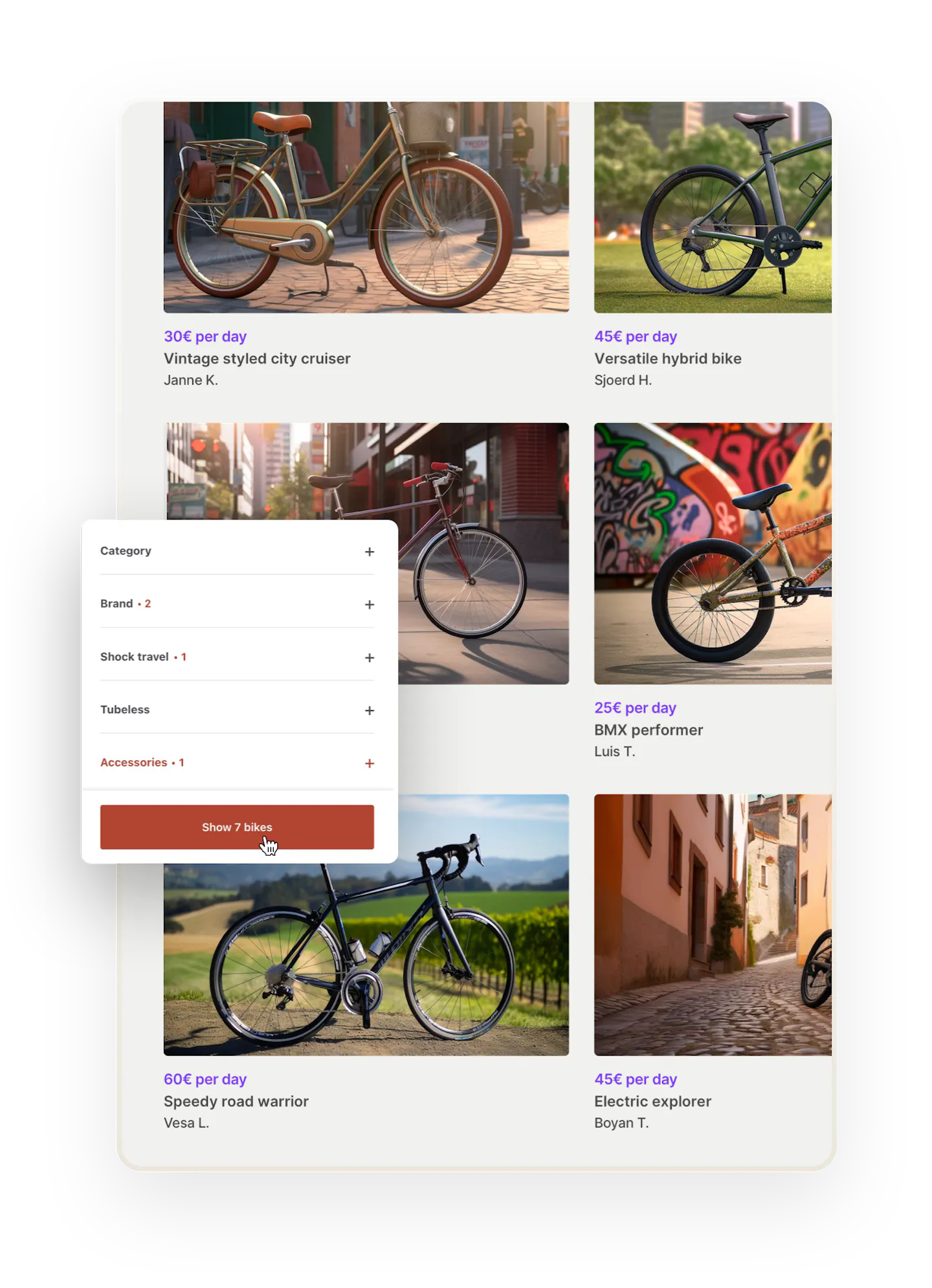 Custom search filters example. A grid view of the search page with bike listing thumbnails, no map. Overlaid on top is a selection of custom filters made specifically for a bike marketplace: brand, shock travel, tubeless, and accessories.