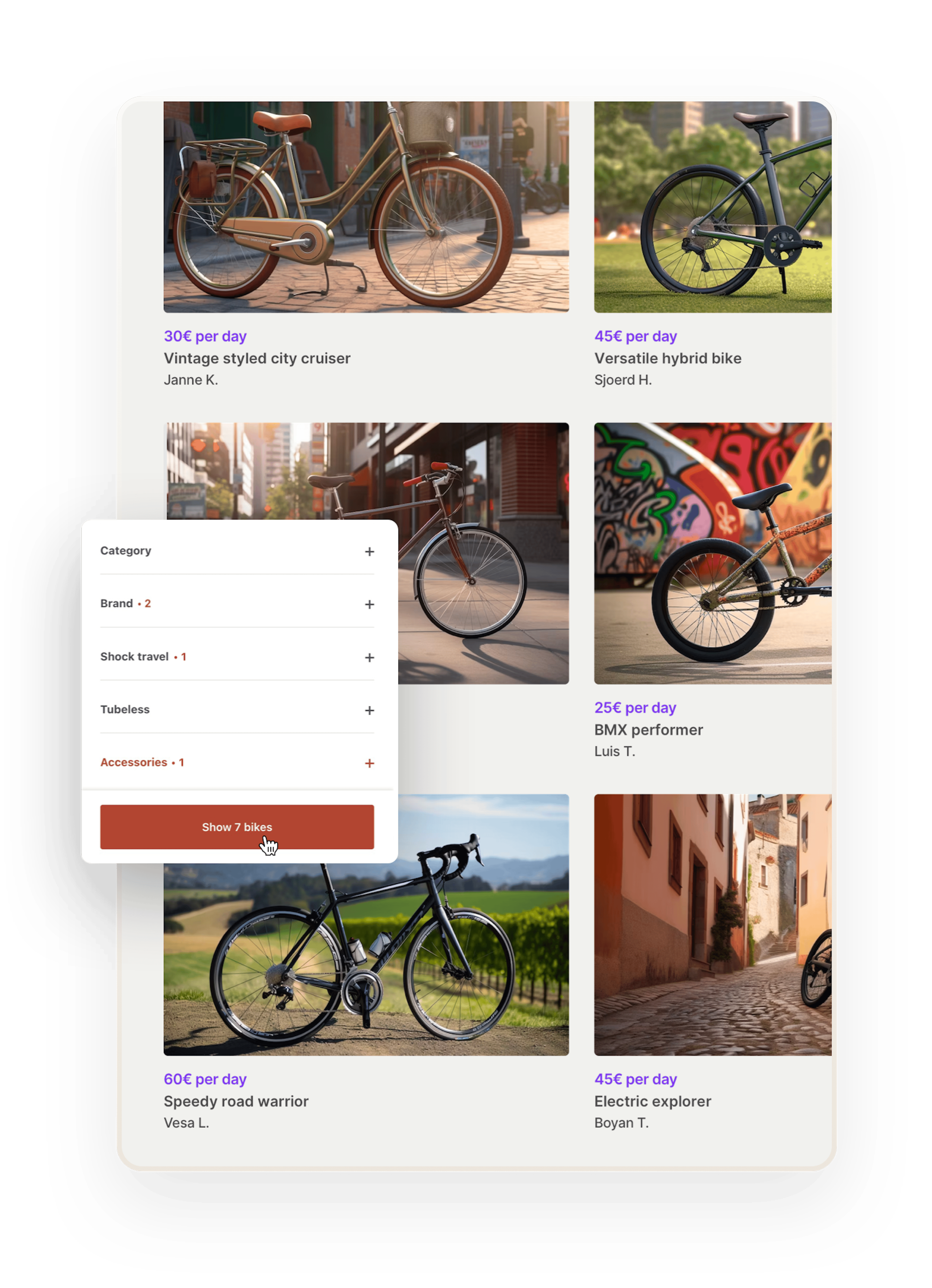 Custom search filters example. A grid view of the search page with bike listing thumbnails, no map. Overlaid on top is a selection of custom filters made specifically for a bike marketplace: brand, shock travel, tubeless, and accessories.