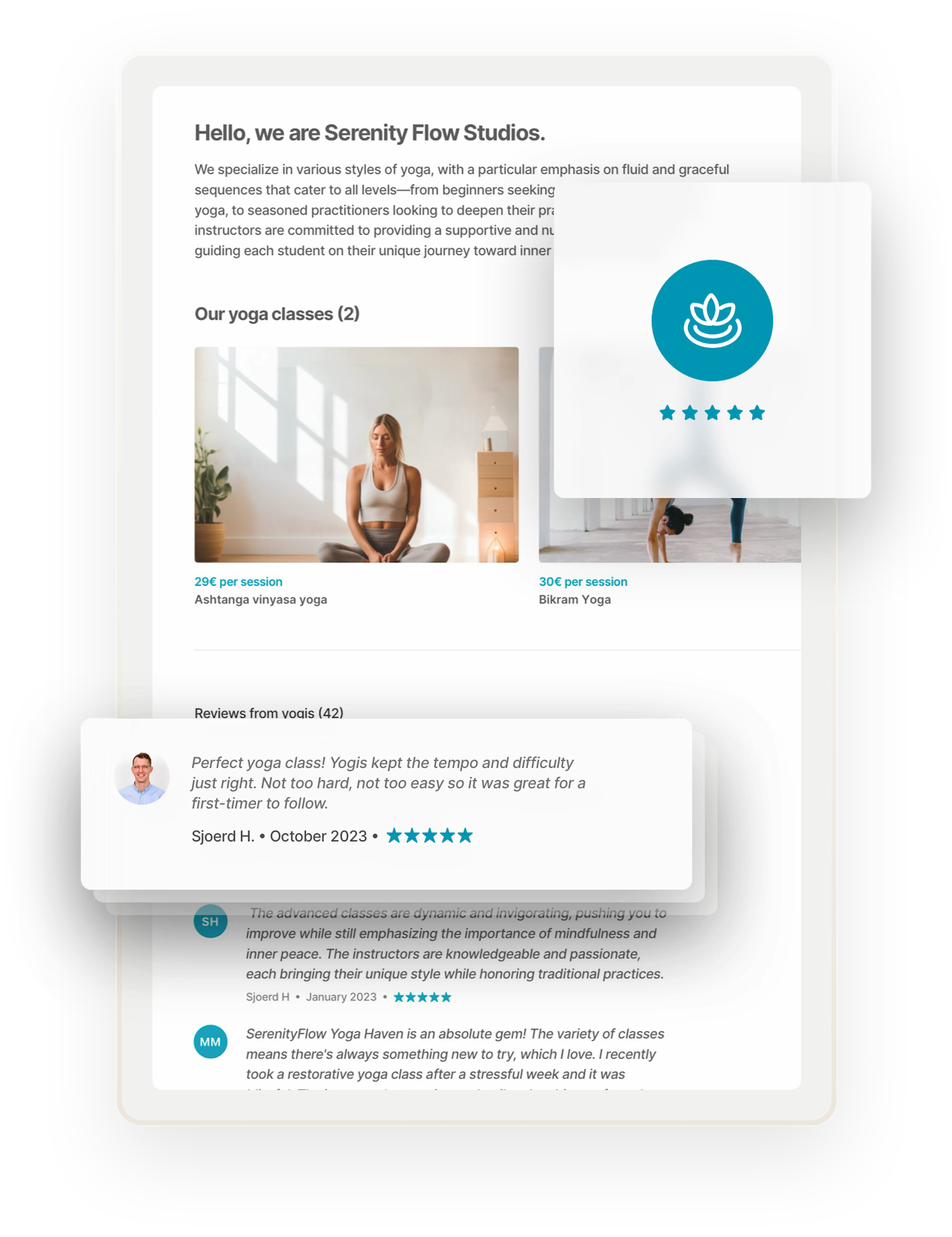 A sample page for a yoga class provider called Serenity Flow Studios. The logo of the yoga school is overlaid with a badge that denotes verification. The page also includes glowing reviews from customers.