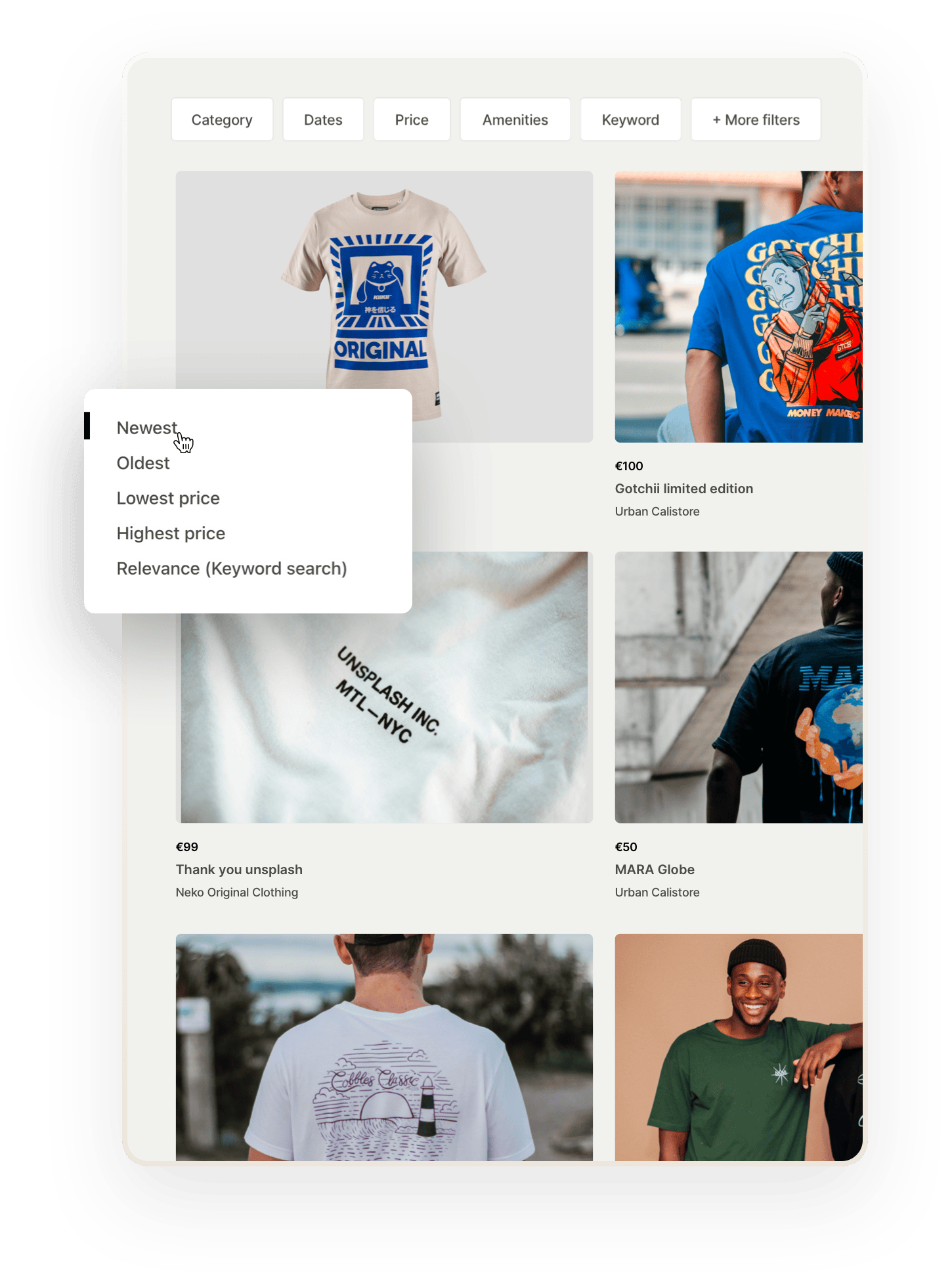 The search results page on a t-shirt marketplace with multiple thumbnails. Overlaid on top are sorting options: newest, oldest, lowest or highest price, and keyword relevance.