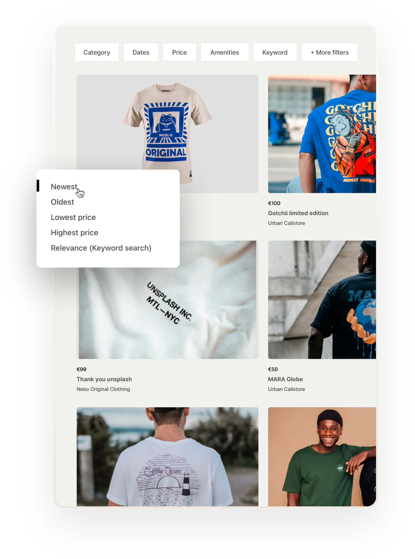 The search results page on a t-shirt marketplace with multiple thumbnails. Overlaid on top are sorting options: newest, oldest, lowest or highest price, and keyword relevance.