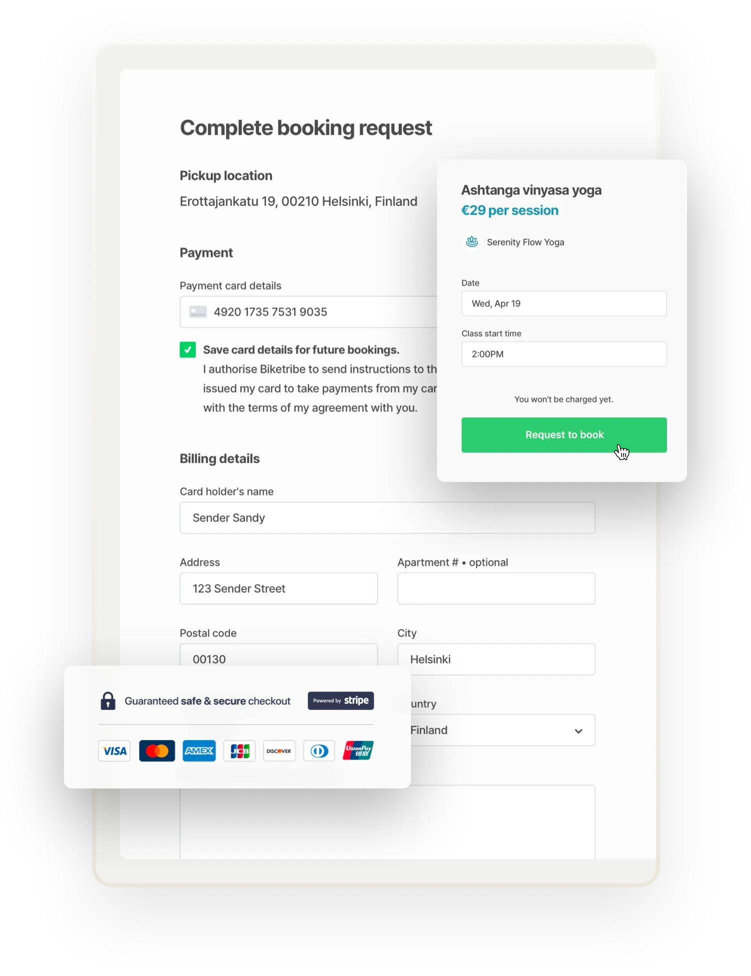 The checkout page for a yoga class booking with a payment card and billing details. The booking is for a class called Ashtanga vinyasa yoga. Overlaid on top is box with accepted payment methods, all big credit cards.