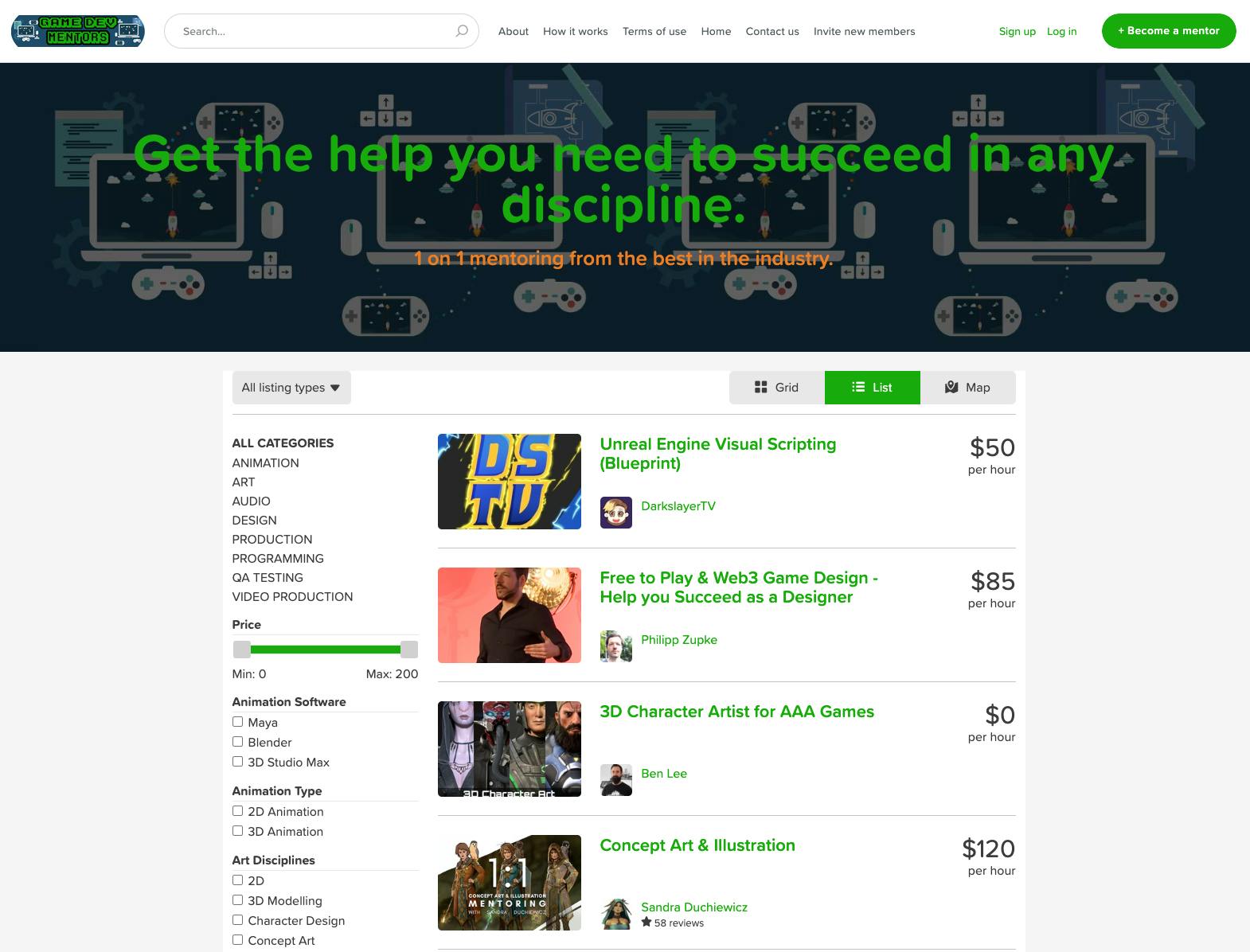 Landing page screenshot of the peer-to-peer service marketplace Game dev mentors.