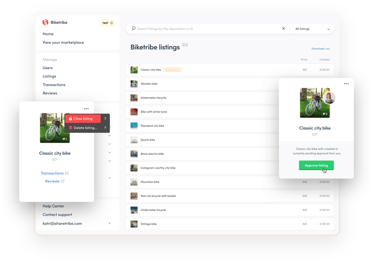 Sharetribe Console, open to the listing management page. Overlaid on top are two boxes where the operator is taking actions: closing a listing and approving a listing.