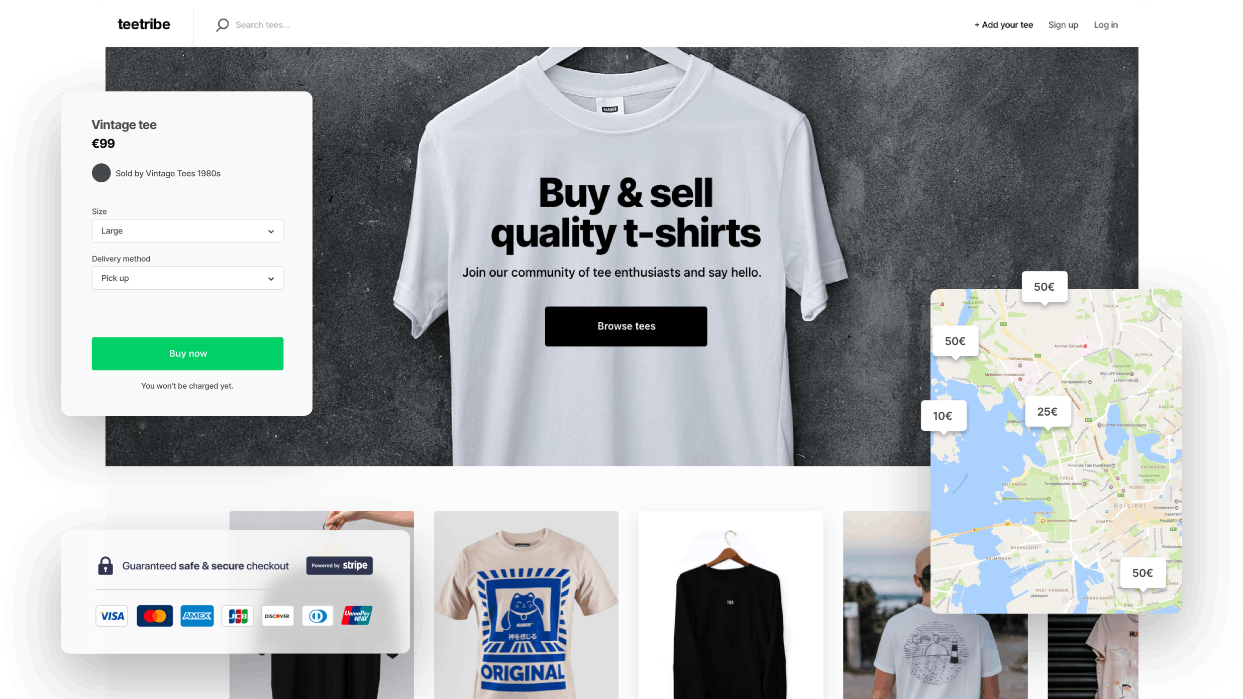 A landing page of a sample t-shirt marketplace. Overlaid on top is a map with price bubbles, a t-shirt purchase form, and the Stripe logo, along with accepted credit cards.