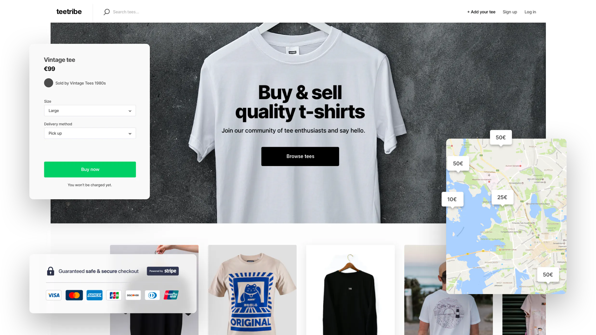 A landing page of a sample t-shirt marketplace. Overlaid on top is a map with price bubbles, a t-shirt purchase form, and the Stripe logo, along with accepted credit cards.