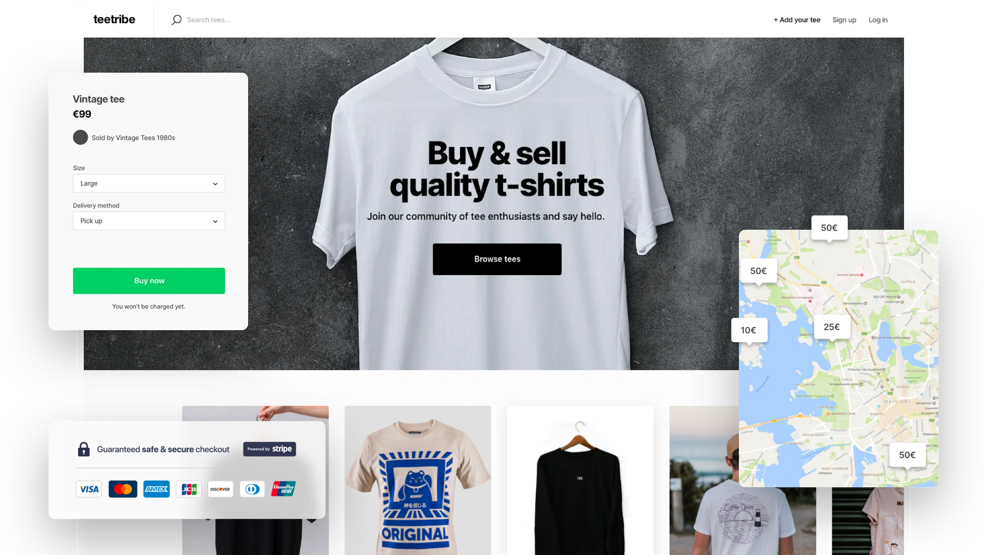 A landing page of a sample t-shirt marketplace. Overlaid on top is a map with price bubbles, a t-shirt purchase form, and the Stripe logo, along with accepted credit cards.