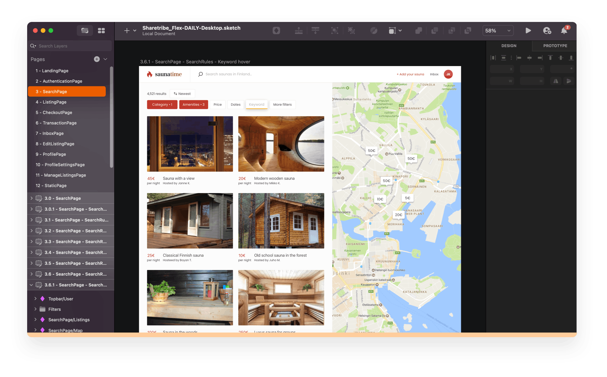 A screenshot of an artboard the Saunatime search page on the Sketch app featuring listings next to a map element. Next to the artboard, there is a list of different artboards of Saunatime pages in the Sketch app.