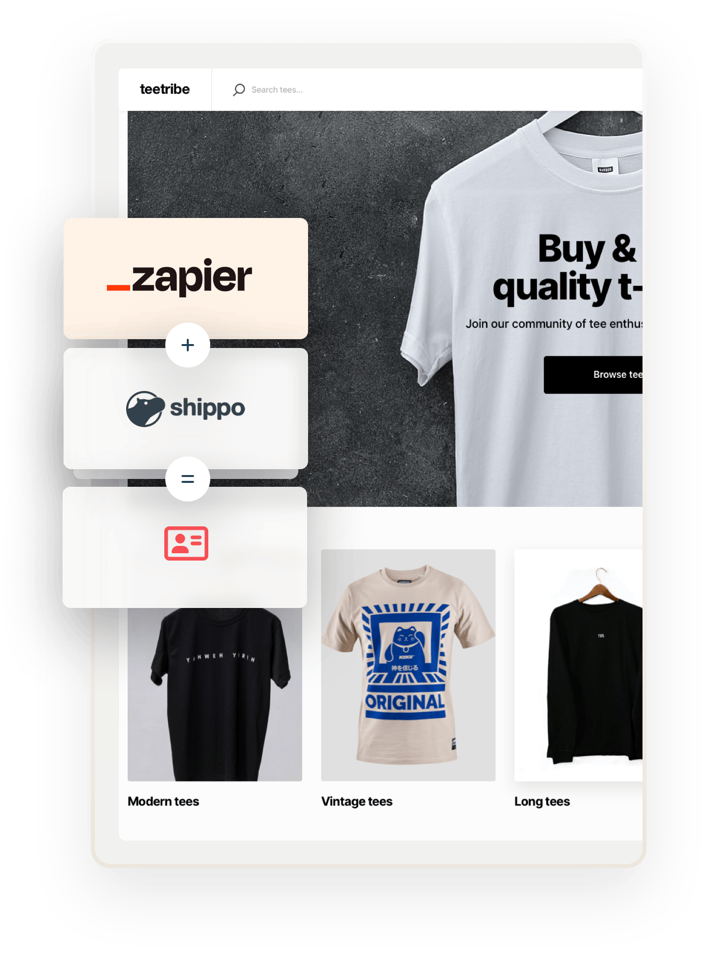 A snapshot of a landing page for Teetribe, a sample marketplace for selling t-shirts. Overlaid on top are three boxes showing an equation: Zapier plus Shippo equals shipping labels.