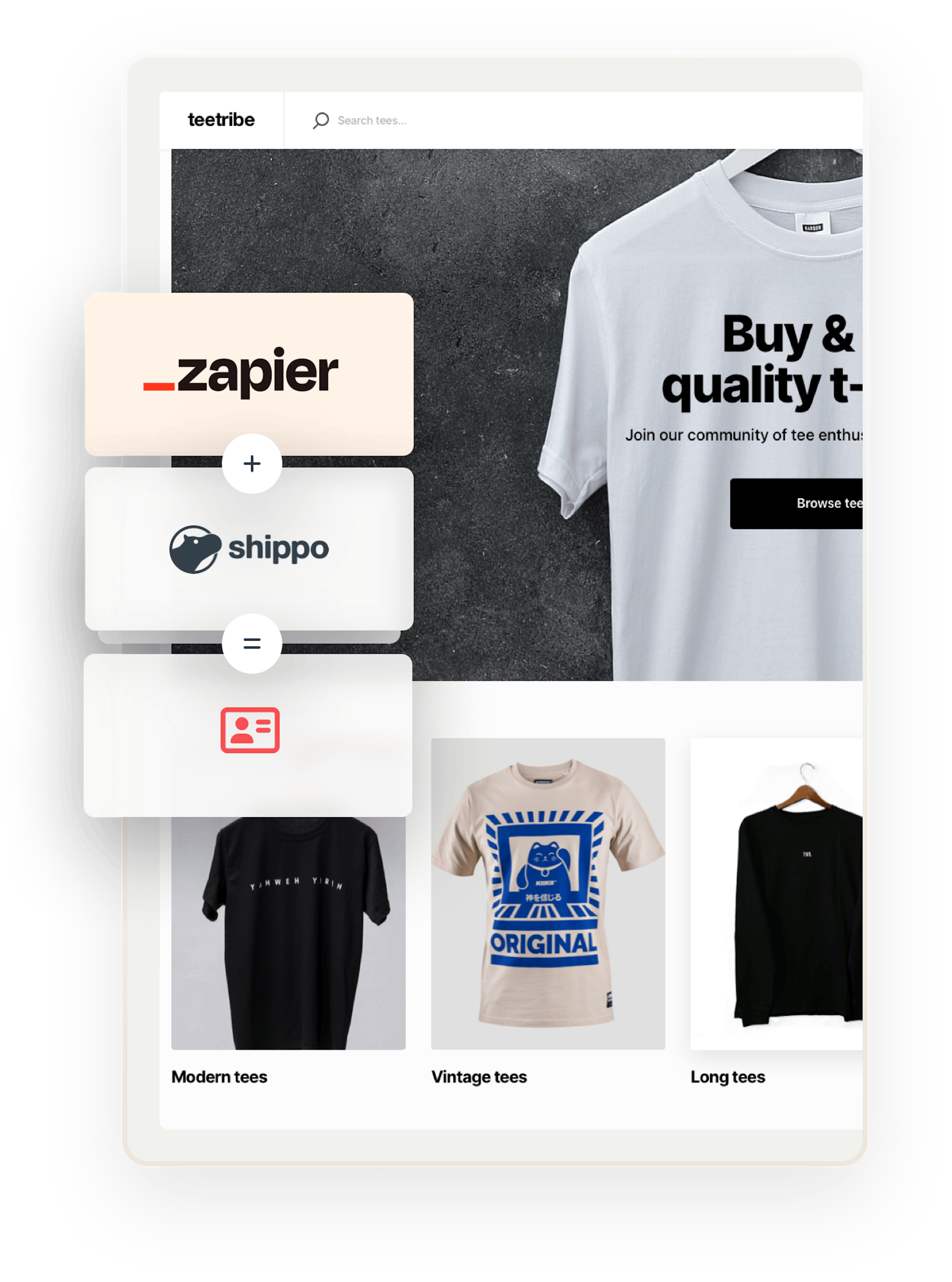 A snapshot of a landing page for Teetribe, a sample marketplace for selling t-shirts. Overlaid on top are three boxes showing an equation: Zapier plus Shippo equals shipping labels.