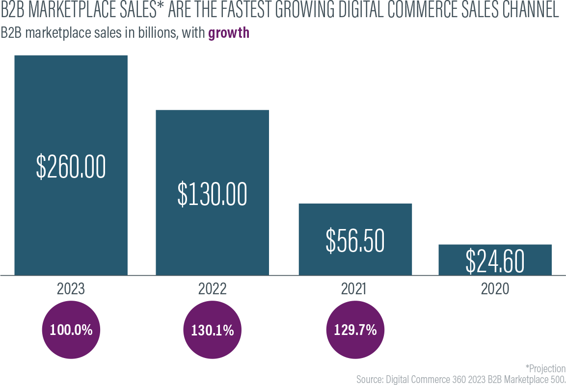 Column graph illustrating the fast growth rate of B2B marketplace sales: from $24,60B in 2020 to $260.00 in 2023. 