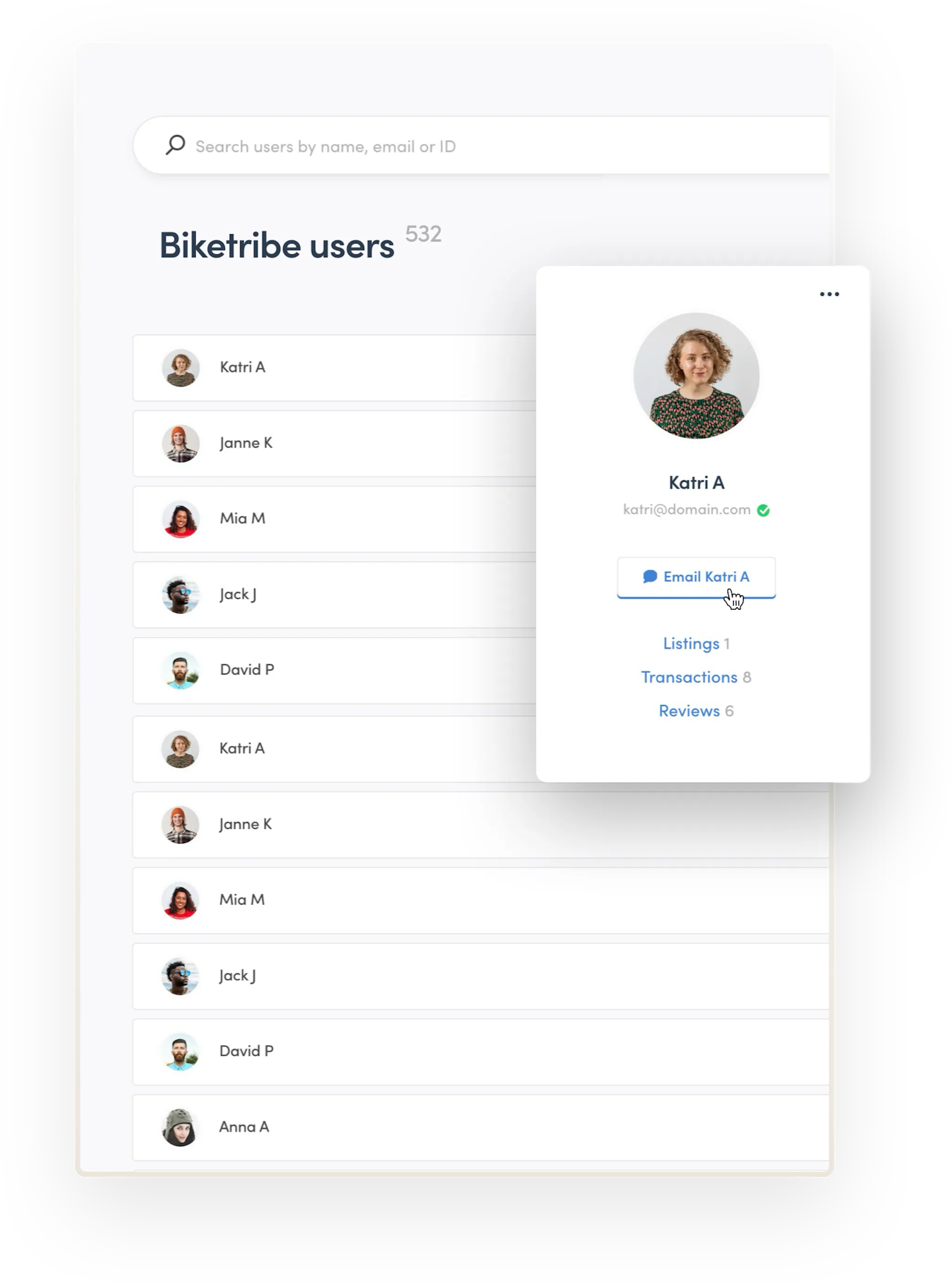 The marketplace operator is about to email the user Katri. They're clicking the Email Katri button beneath Katri's image and name in Console.