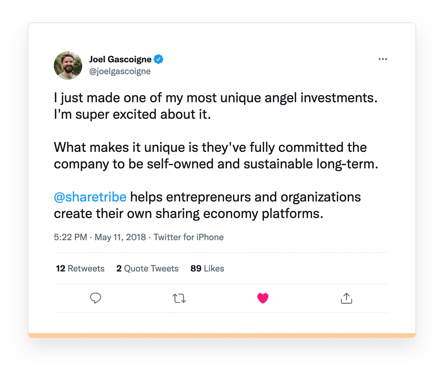 Screenshot of Buffer founder Joel Cascoigne's tweet about investing in Sharetribe.