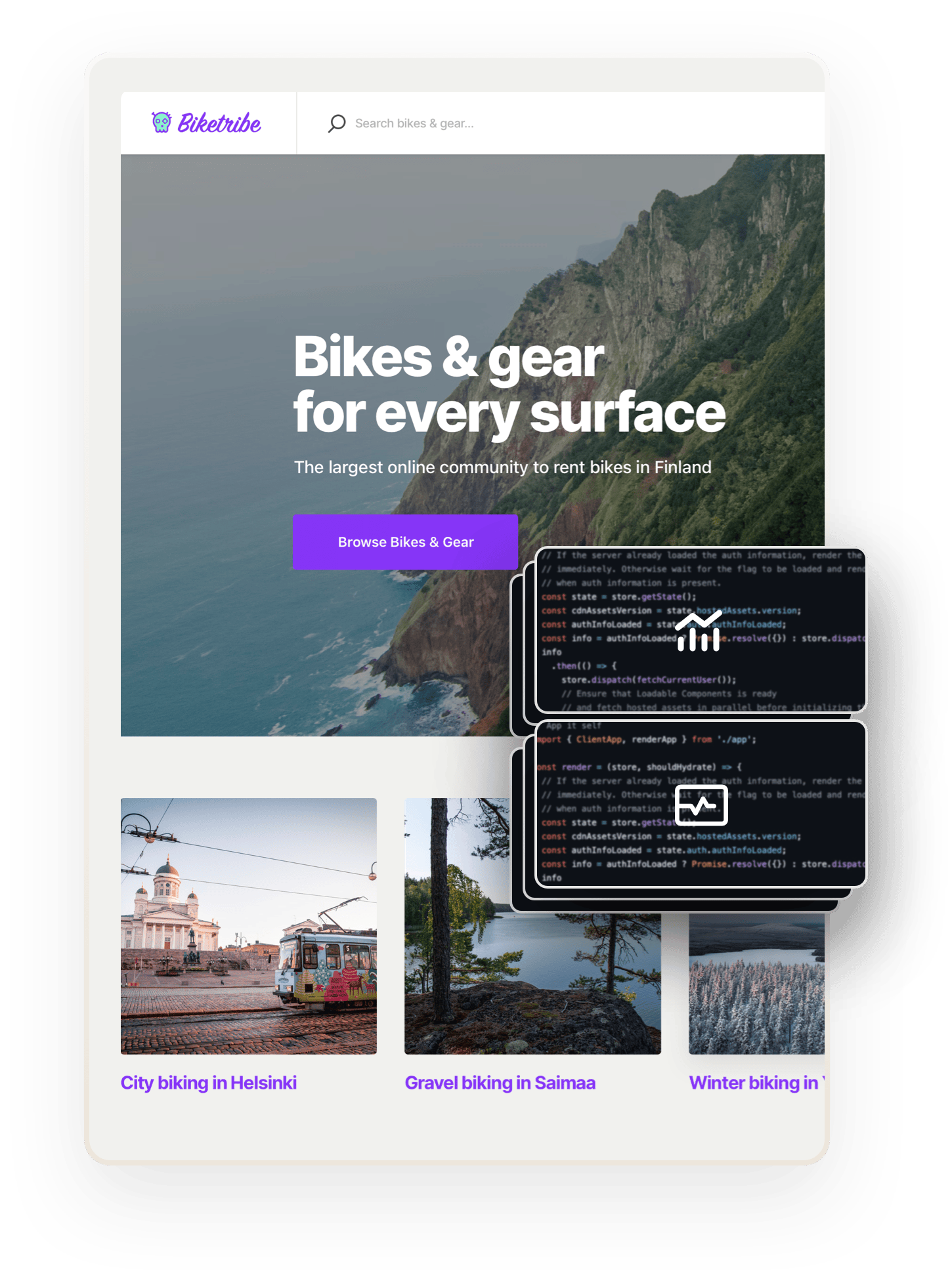 A snapshot of the Biketribe marketplace home page. Overlaid on top are several boxes showing code. The two boxes on top show an analytics symbol and a status symbol, showing that these features can be added with coding.