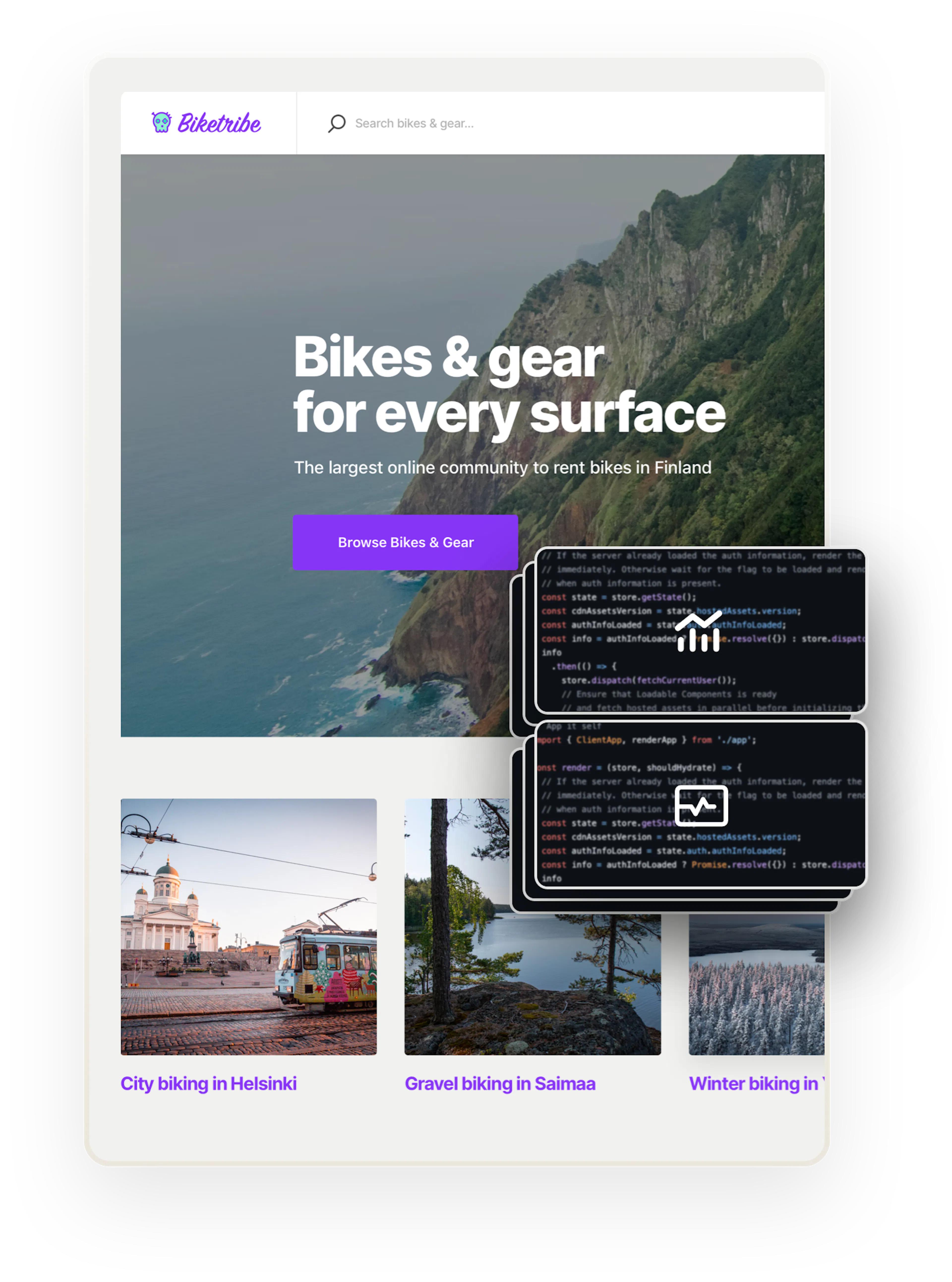 A snapshot of the Biketribe rental marketplace home page. Overlaid on top are several boxes showing code. The two boxes on top show an analytics symbol and a status symbol, showing that these features can be added with coding.
