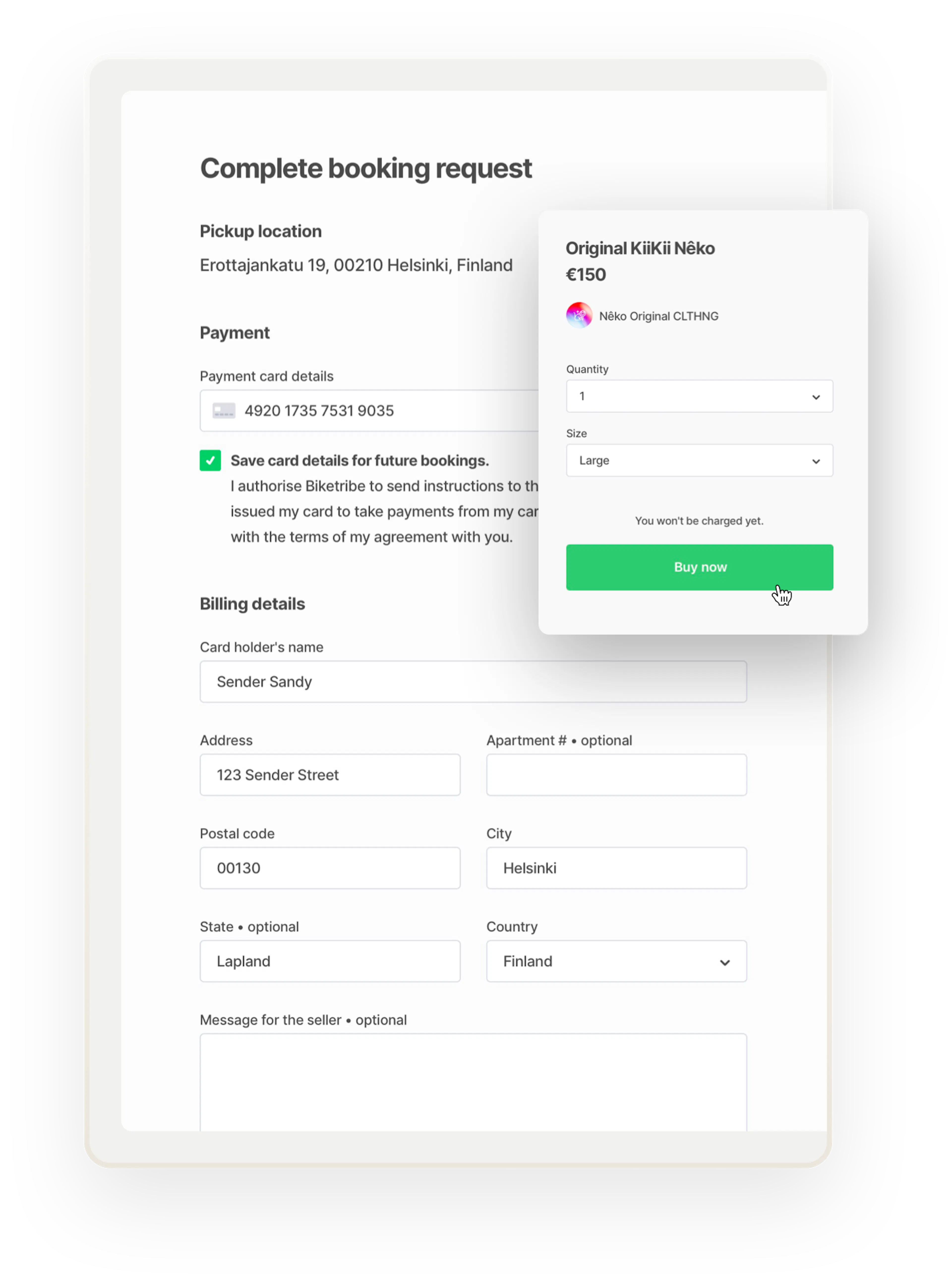 A sample booking request overlaid with a t-shirt purchase form. Below the quantity, there's an option to choose the t-shirt size.