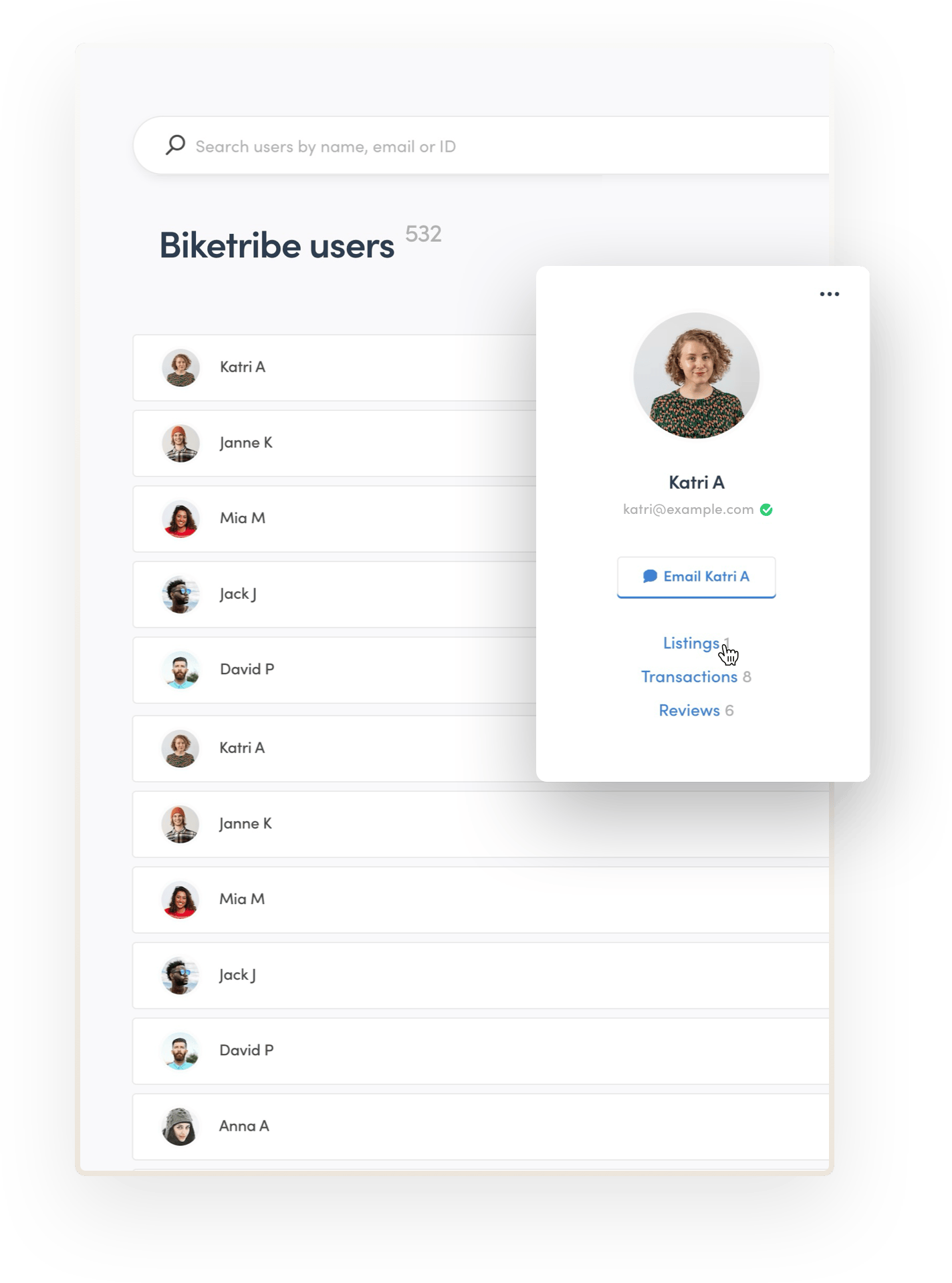 The marketplace operator is about to check the listings of a user called Katri in the marketplace software admin panel. They're clicking the listings link beneath Katri's image and name in Console.