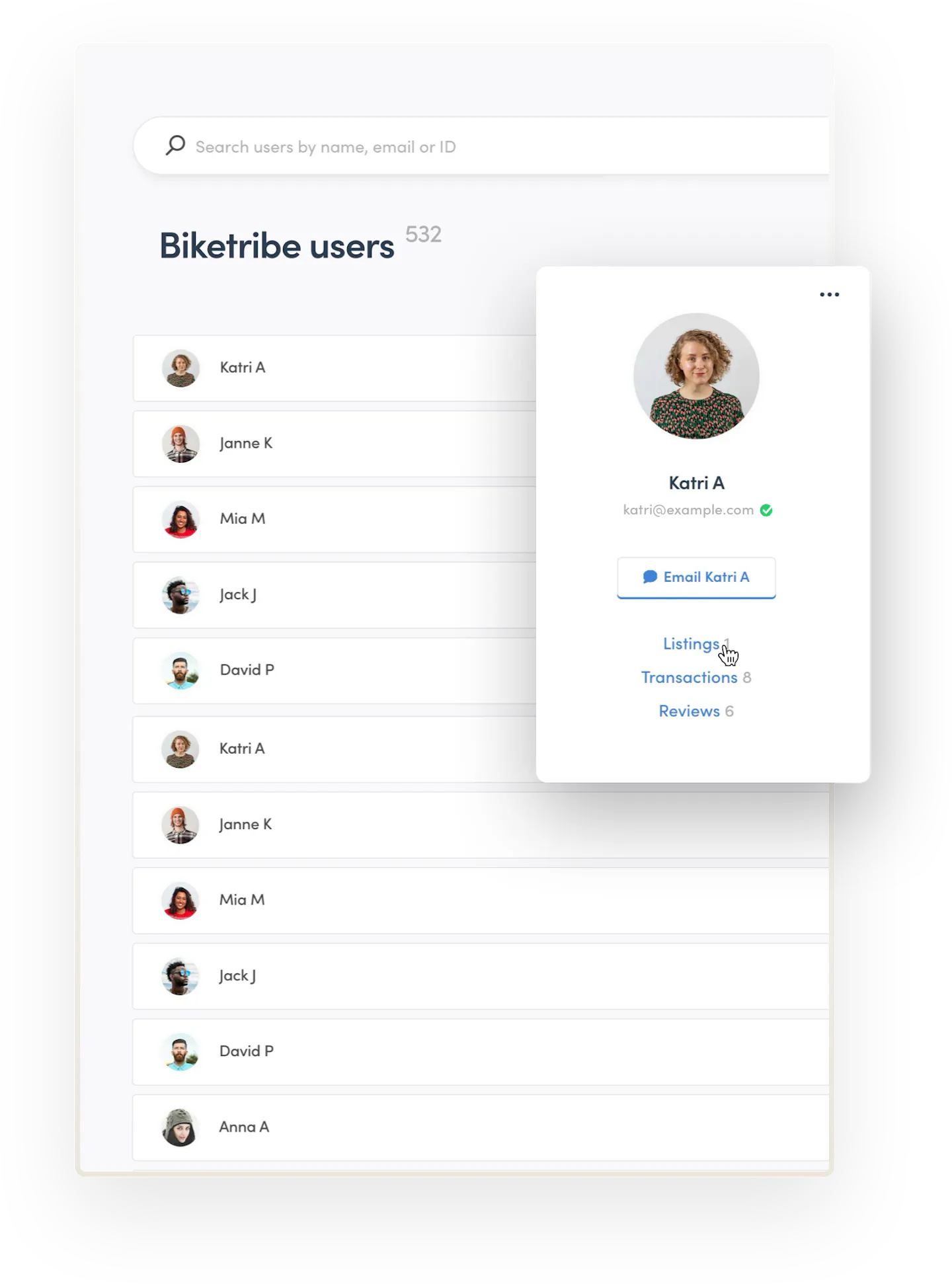 The marketplace operator is about to check the listings of a user called Katri in the marketplace software admin panel. They're clicking the listings link beneath Katri's image and name in Console.