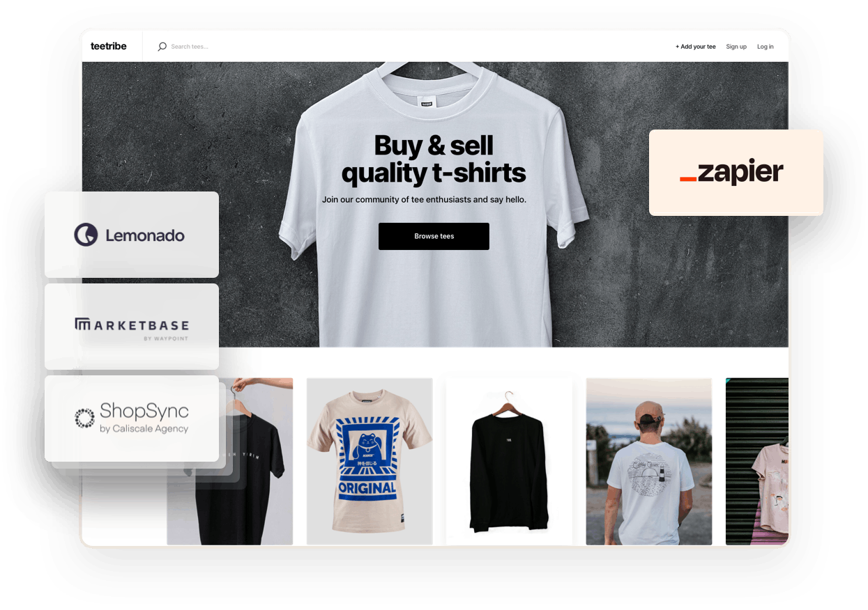 The landing page for a sample t-shirt marketplace. Overlaid on top are logos for some companies with pre-built Sharetribe integrations: Lemonado, Marketbase, ShopSync, and Zapier.