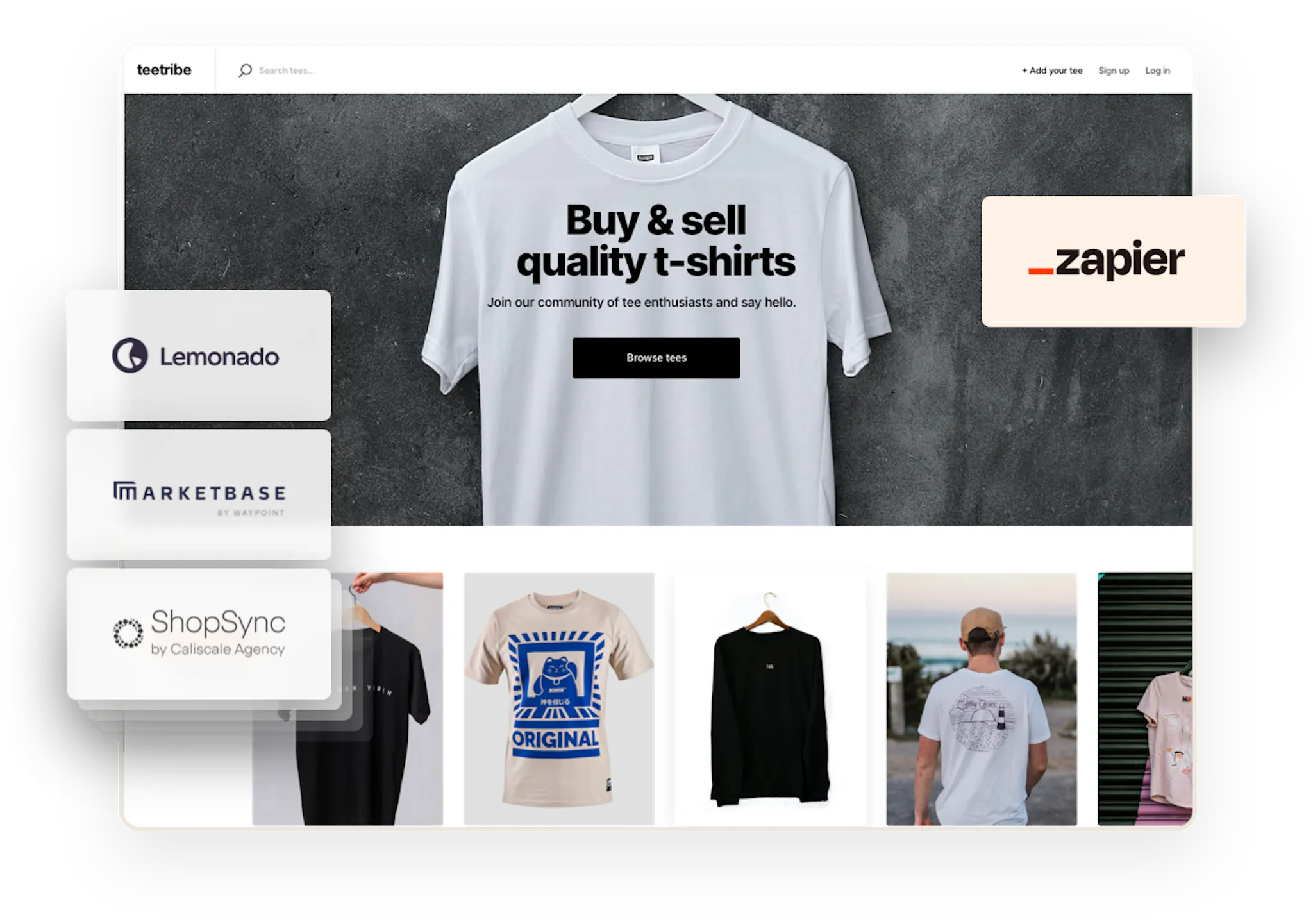 The landing page for a sample t-shirt marketplace. Overlaid on top are logos for some companies with pre-built Sharetribe integrations: Lemonado, Marketbase, ShopSync, and Zapier.