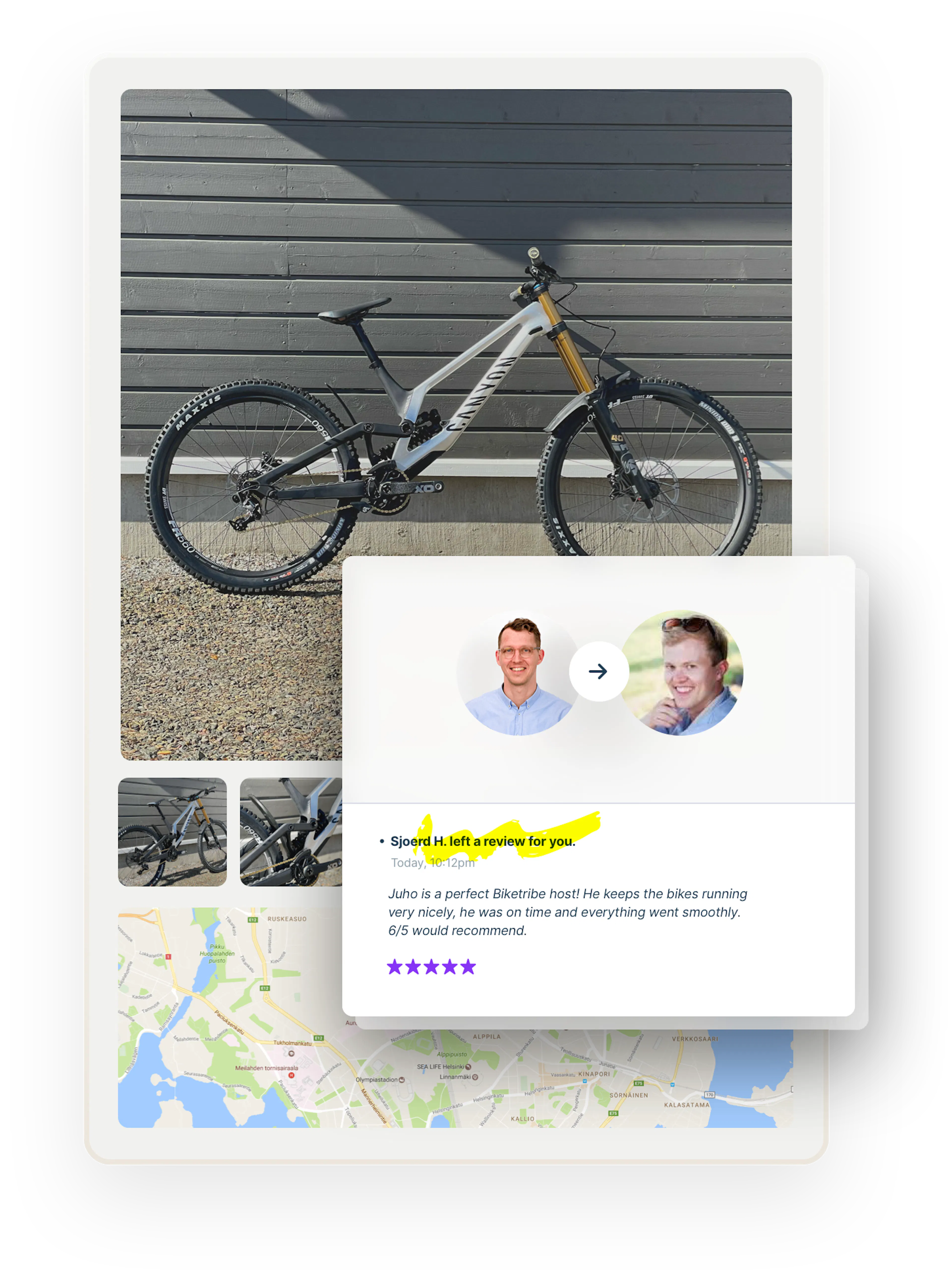 A bike rental listing with images and a map. A box on top shows a review from a customer, Sjoerd, to Juho, the bike owner. The text "Sjoerd H. left a review for you" is highlighted to show you can change texts like this.