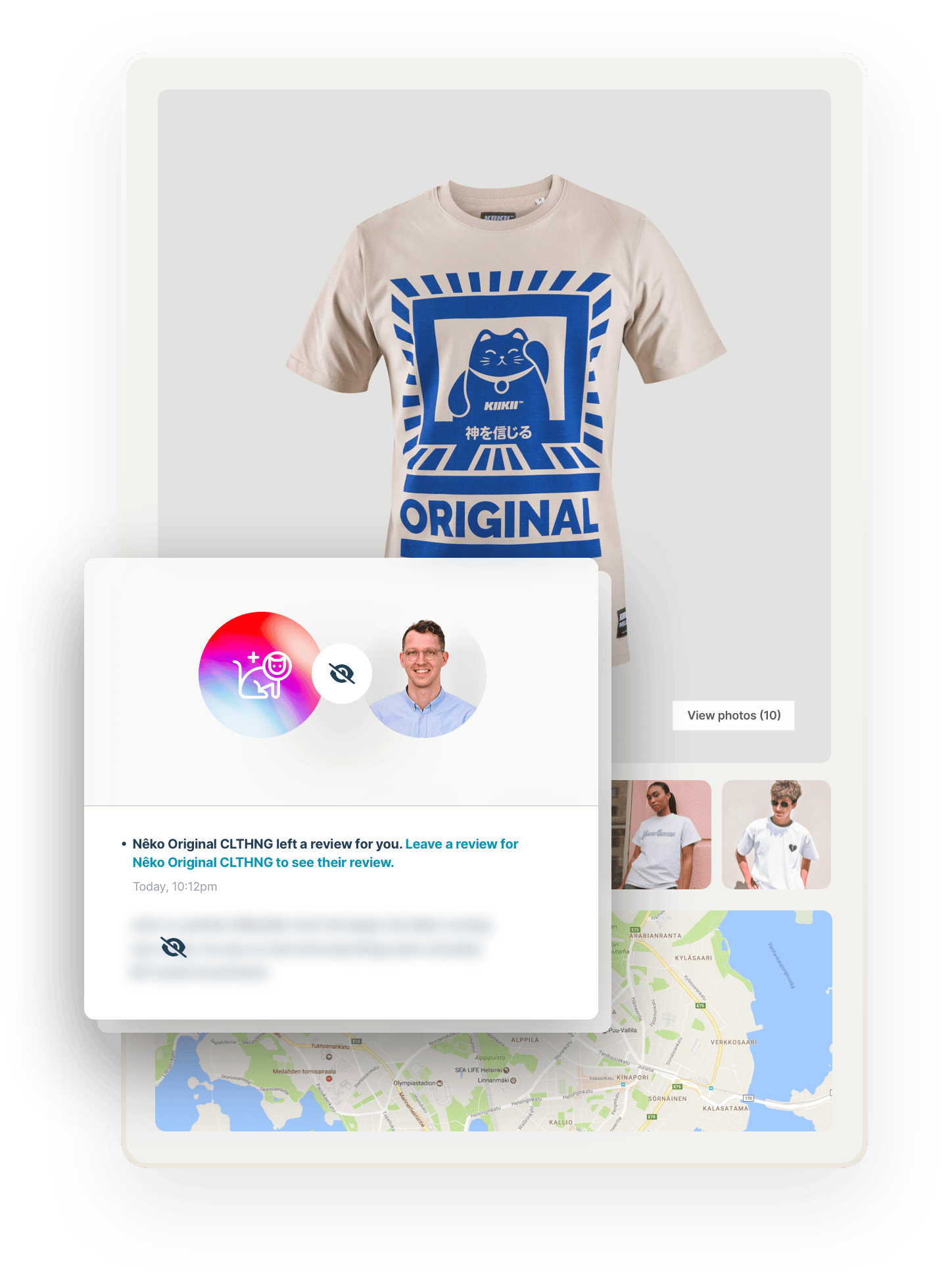 A t-shirt with a print of a stylized kitten and the text ORIGINAL. Below are images of people wearing t-shirts and a map. Overlaid is a box that shows a buyer can't see the review they received before they review the seller in return.