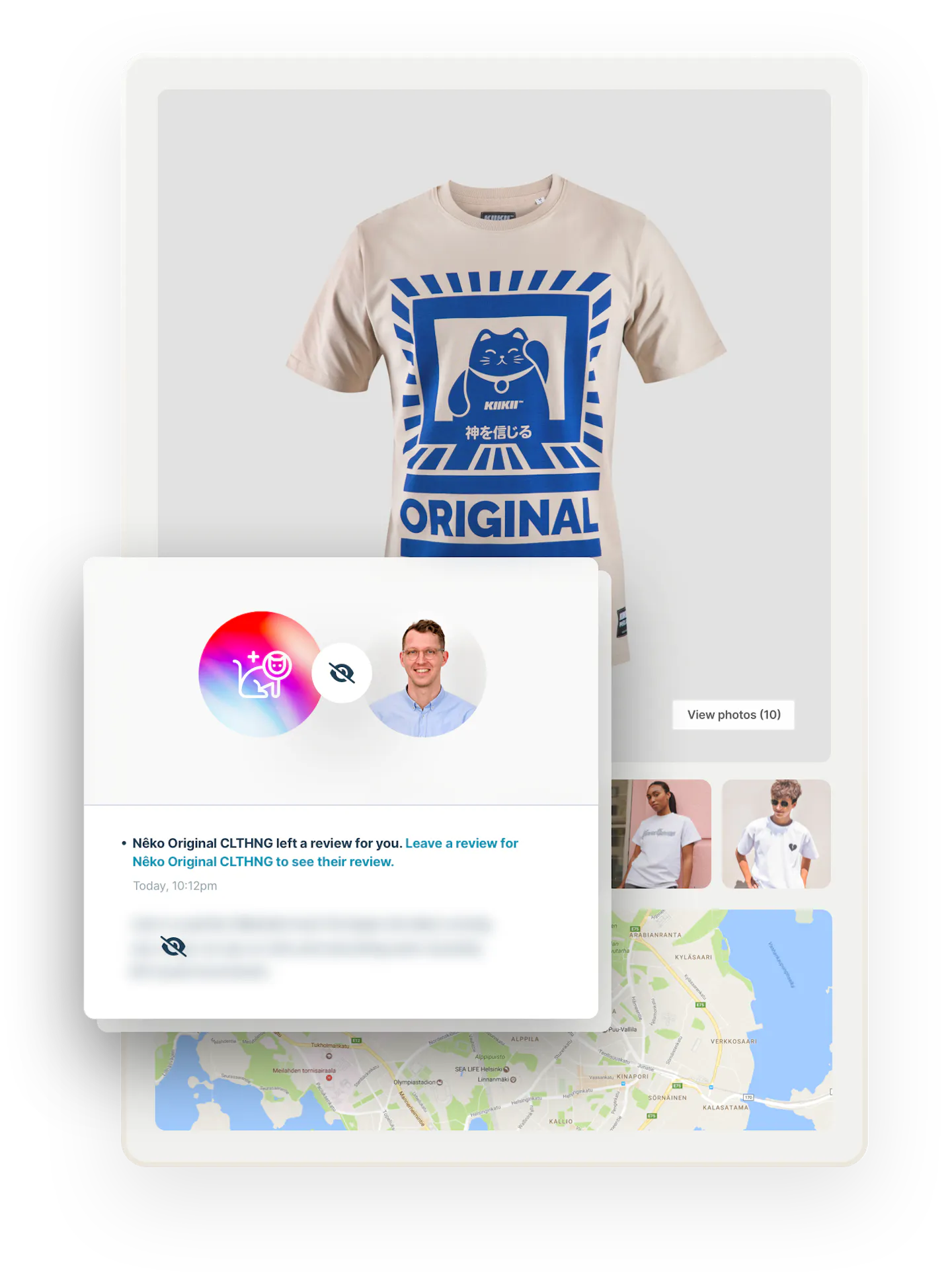 A t-shirt with a print of a stylized kitten and the text ORIGINAL. Below are images of people wearing t-shirts and a map. Overlaid is a box that shows a buyer can't see the review they received before they review the seller in return.