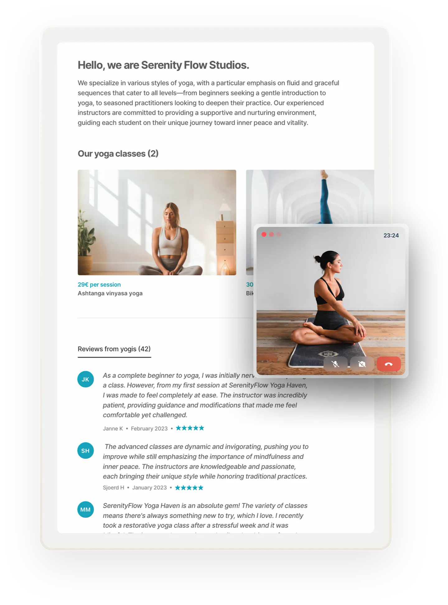 A sample page for a yoga class provider called Serenity Flow Studios. The page shows reviews the studio has received from customers. Overlaid on top is a box with a video call featuring a yoga teacher.
