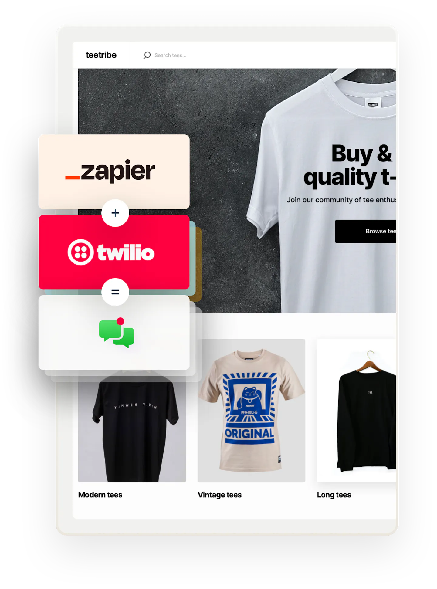 A snapshot of a landing page for Teetribe, a sample marketplace for selling t-shirts, featuring an image of a white t-shirt on a hanger. Overlaid on top are three boxes showing an equation: Zapier plus Twilio equals SMS notifications.